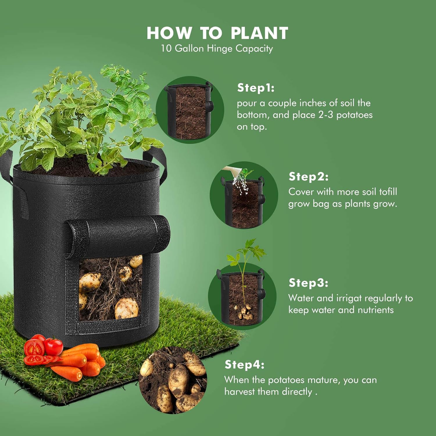 5-Pack 10 Gallon Potato Grow Bags, Garden Planting Bag with Reinforced