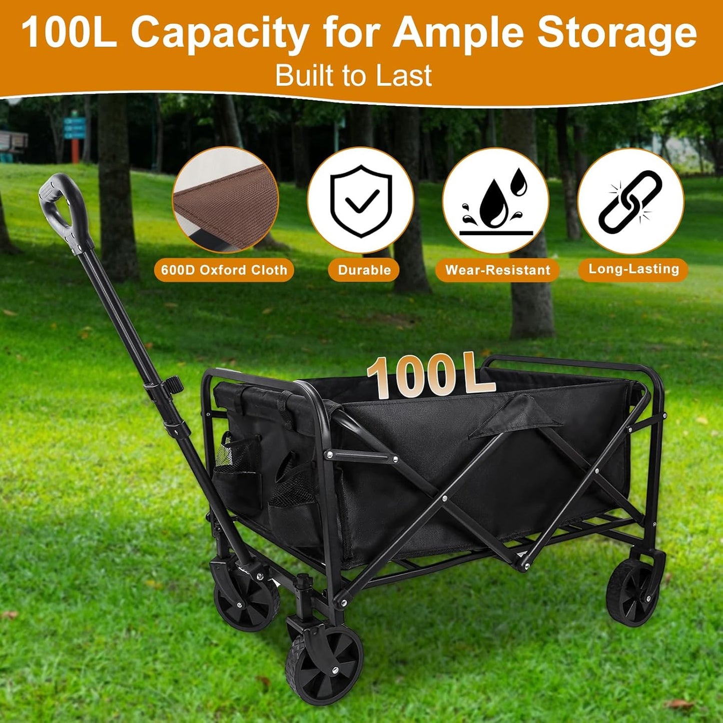 Heavy-Duty Collapsible Wagon Cart with Wheels, Lightweight Foldable Ut