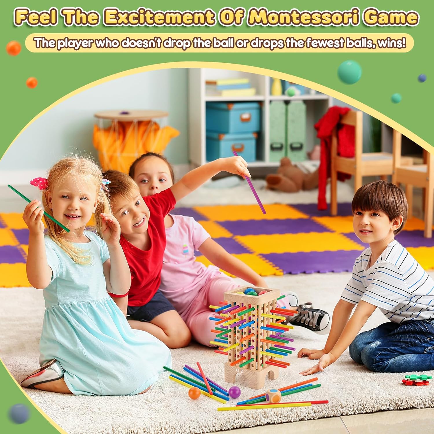 Montessori Game Wooden Board Game, 42 Colorful Wooden Sticks Dice Game