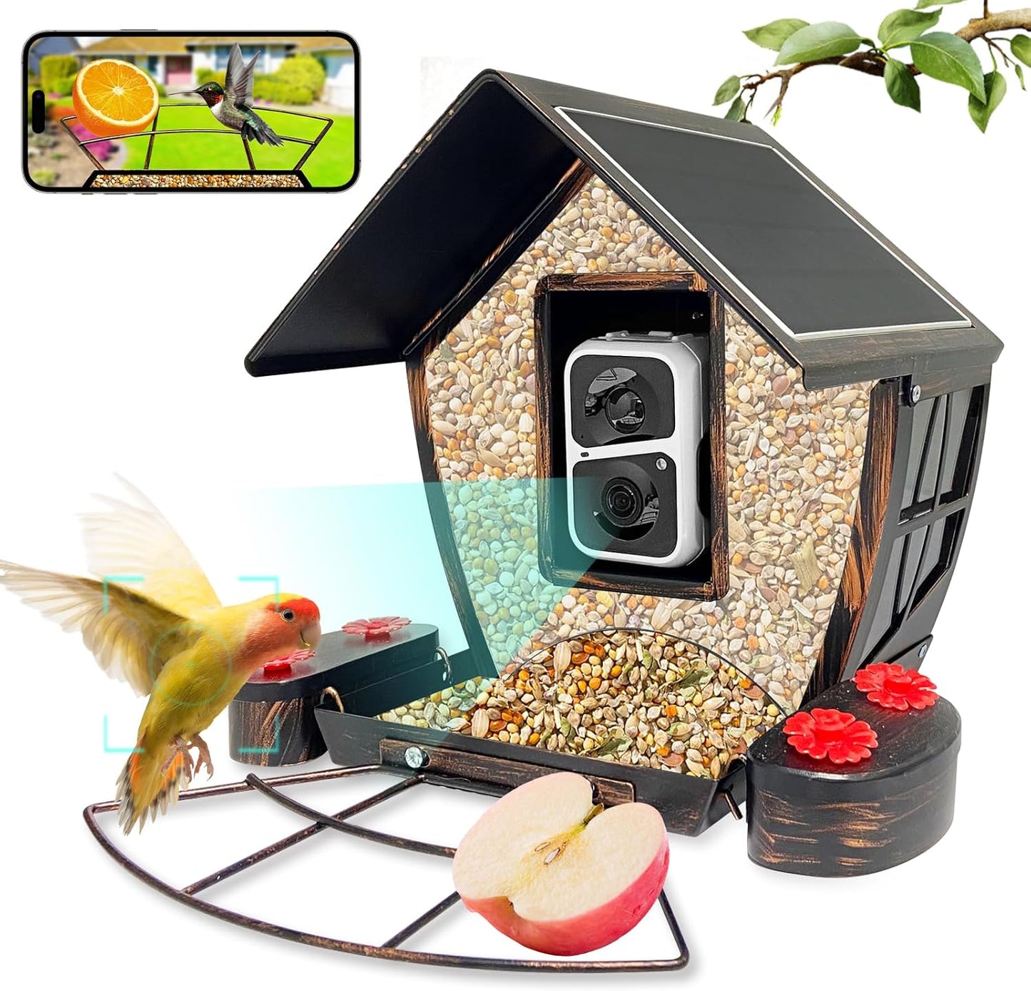 Smart Bird Feeder with Camera - AI Identify Birds, 1080P HD Auto Capture Videos, Instant Notification, Built-in Microphone, Solar Powered, Antique Gold
