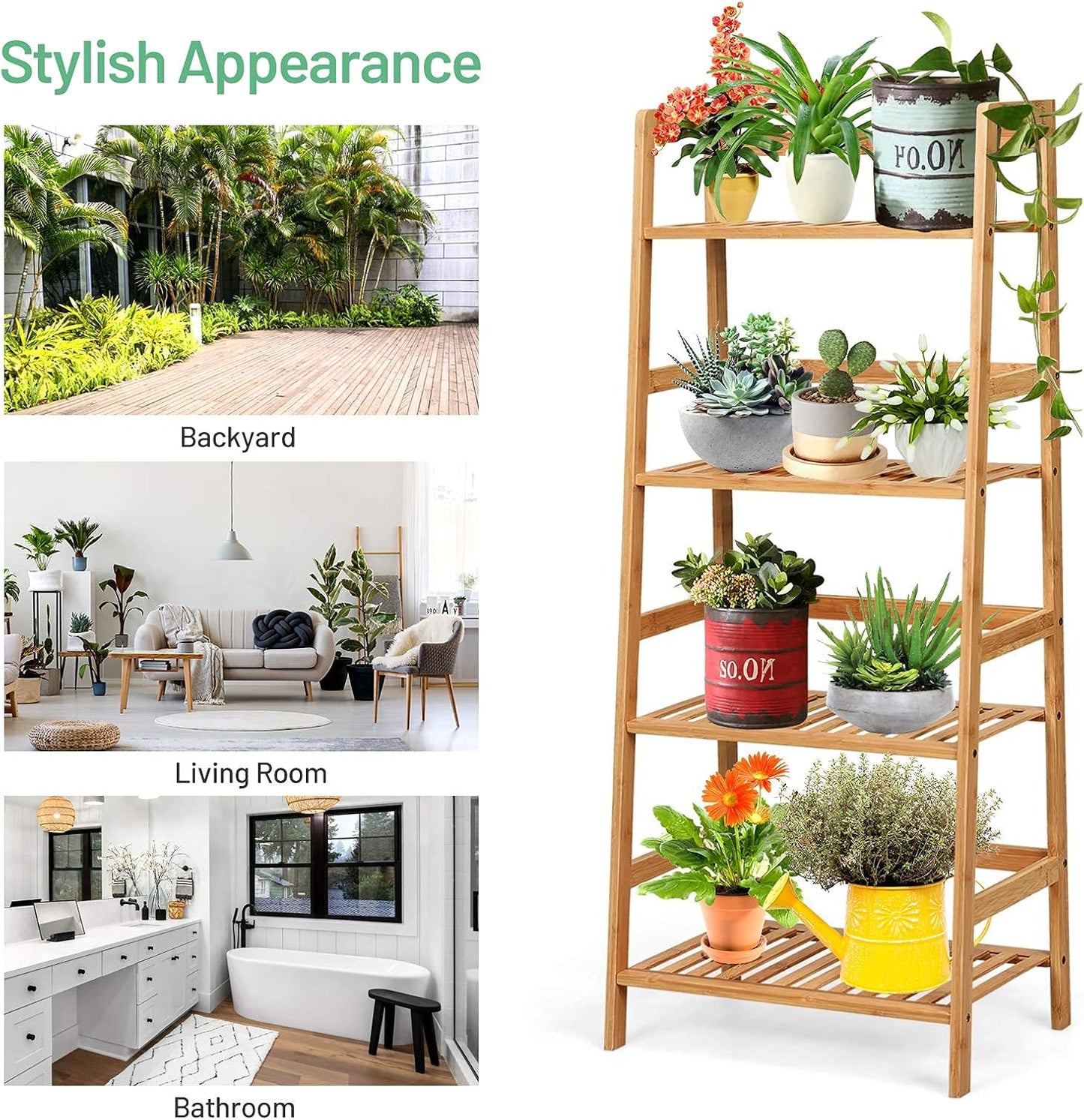 Giantex 4-Tier Ladder Shelf Plant Stand, Bamboo Flower Pots Holder Display Rack, Multifunctional Ladder-Shaped Bookshelf Storage Shelves for Home Office Living Room Bathroom Bedroom Kitchen (Natural)