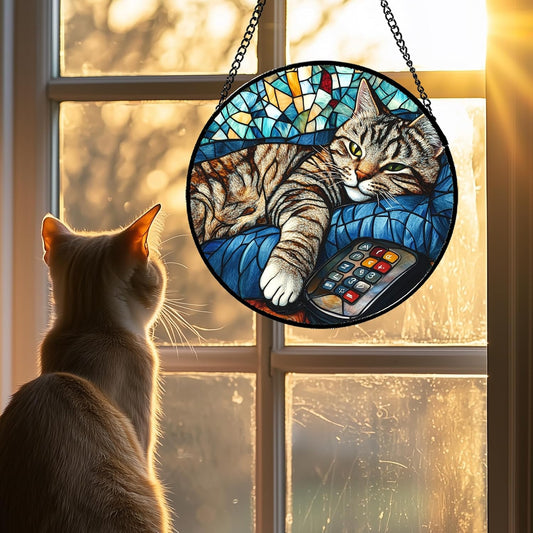Stained Glass Window Hanging Gray Cat and Remote Control 6.3" - Suncat