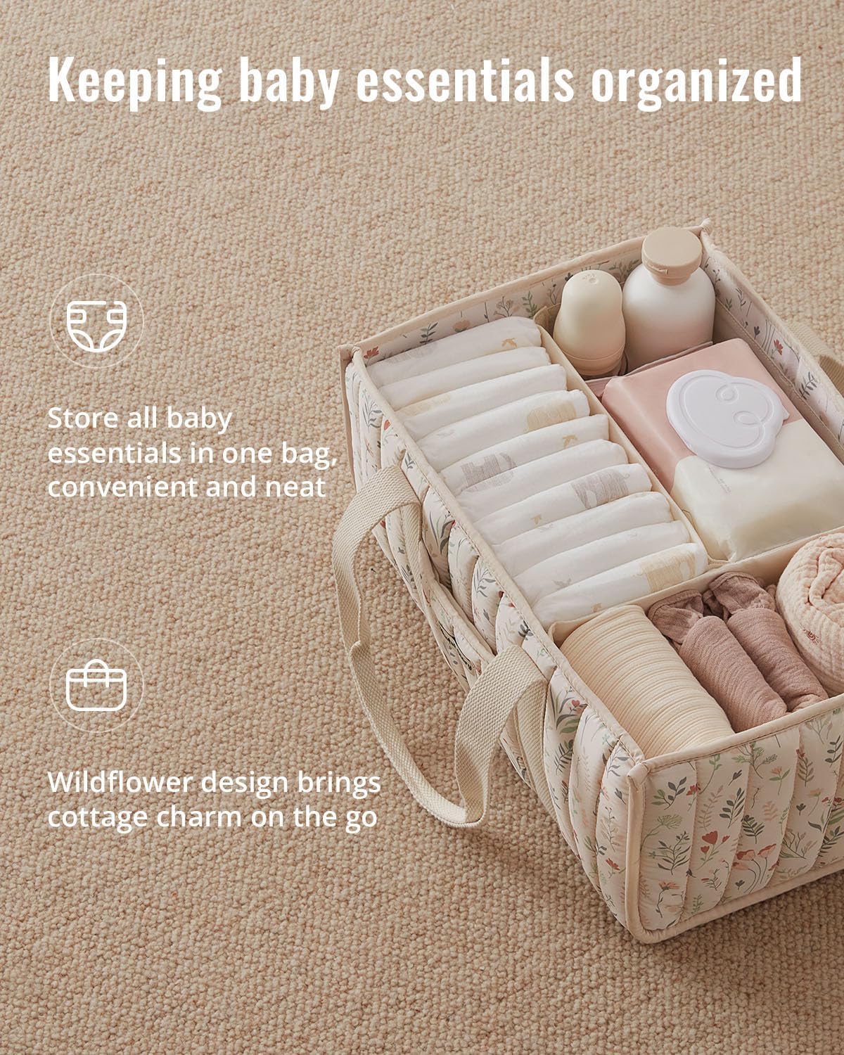 Blissful Diary Floral Diaper Caddy Organizer, Stylish Nursery Storage 
