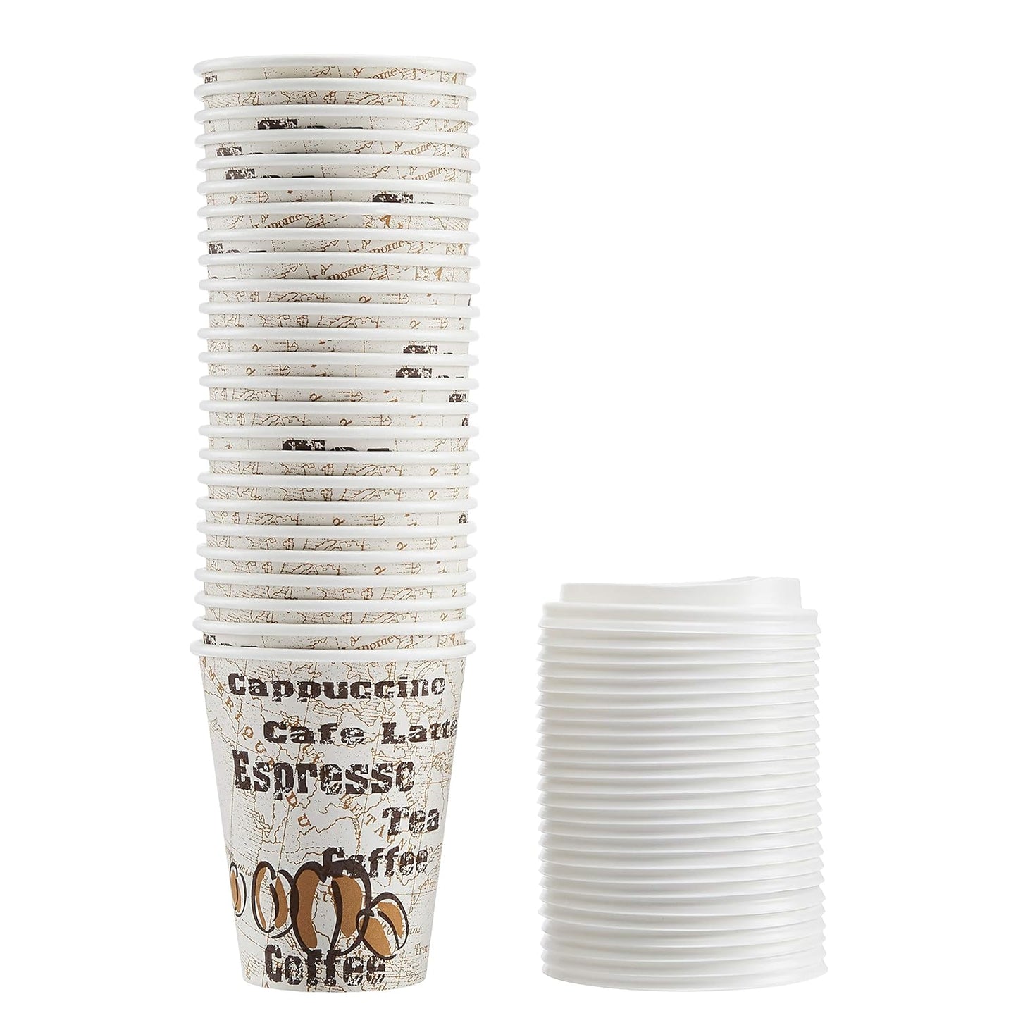 Amazon Basics to Go Hot Paper Coffee Cups with Lids, 12 oz, Café Design, Disposable, 100-Count