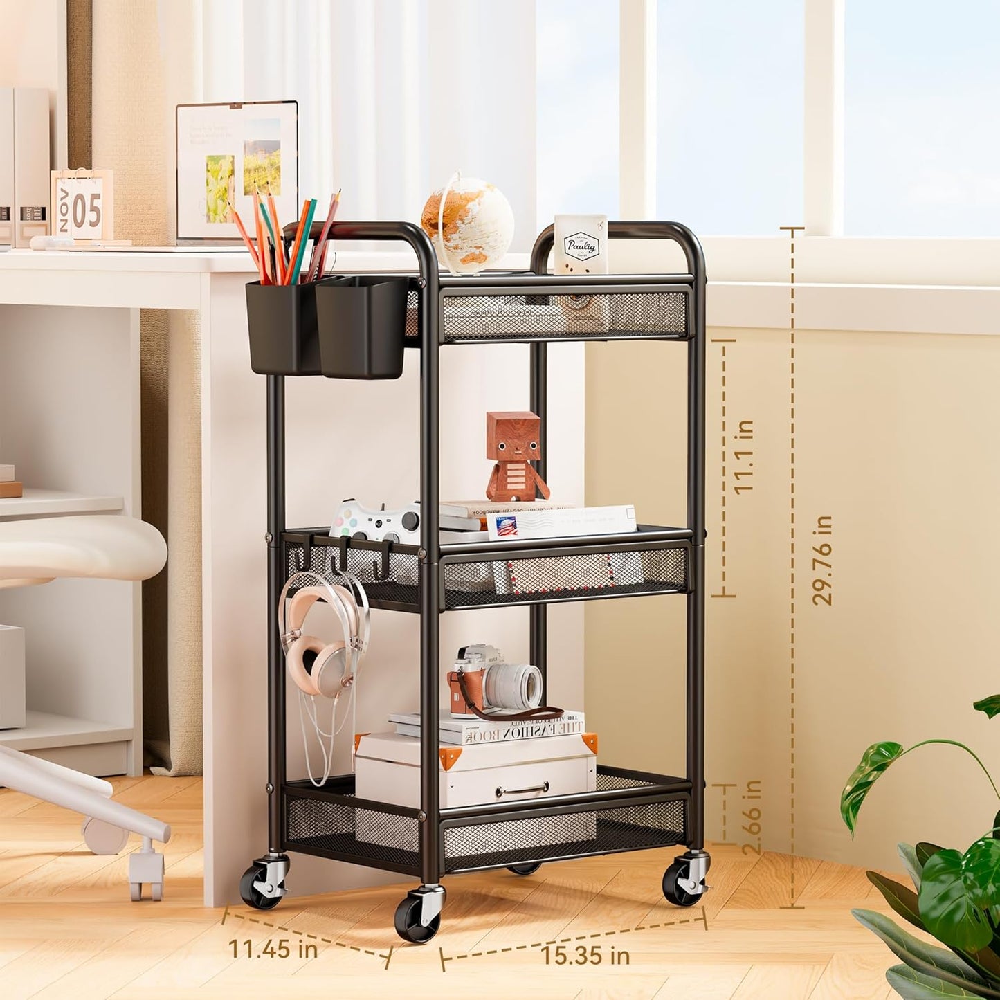 YASONIC 3 Tier Rolling Cart – Metal Utility Storage Carts with Wheels, Craft Cart Organizer with Hanging Cups, Hooks, Mesh Basket for Bedside Kitchen Office Art, Black