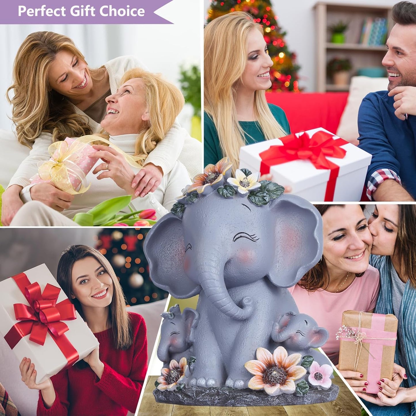 Christmas Garden Gifts for Mom Women Elephant Solar Statues Christmas Patio Décor Grandma Outdoor Sculptures for Lawn Balcony Yard House Warming Gifts New Home Mothers Day