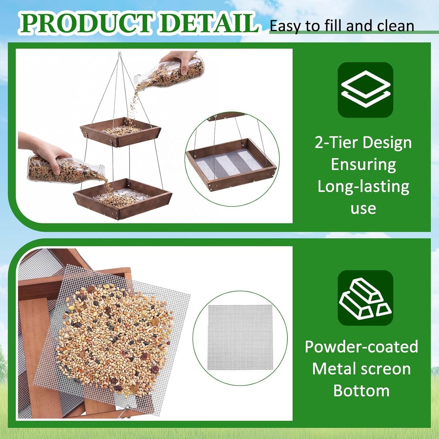 2 Tier Large Platform Cedar Bird Feeders with Round Hanging Birds Watering Tray, Bird Bath, Wooden Mesh Seed Tray Platform for Outdoors Garden Decor, for Cardinal Blue Jay