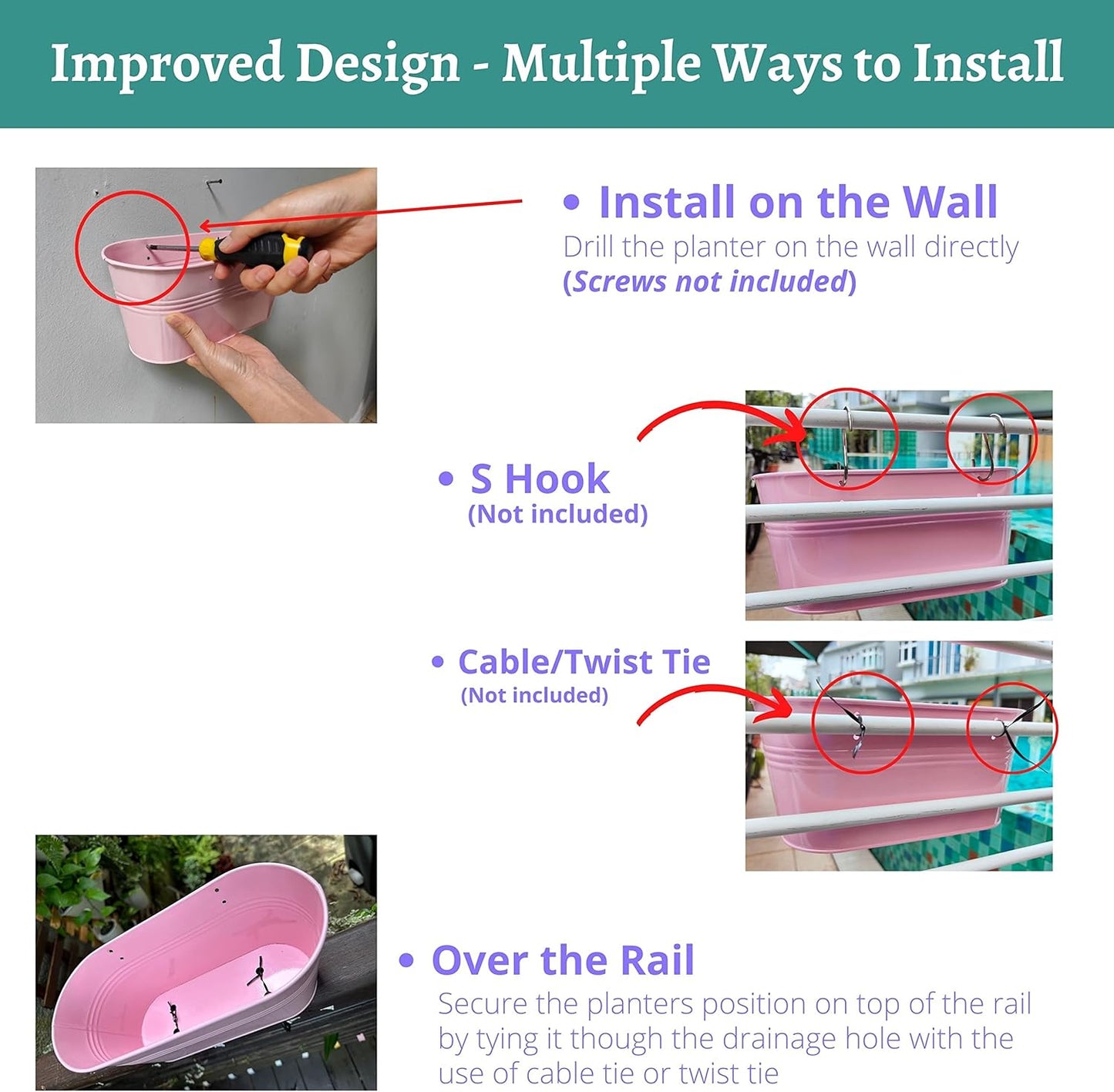 LaLaGreen Rail Planter Outdoor Plants (6 Pack, 9.8 Inch) Small and Cute Metal Iron Strawberry Hanging Flower Pot Deck Railing, Colorful Mini Fence Bucket Wall Mount Window Box Plant Holder Porch Decor