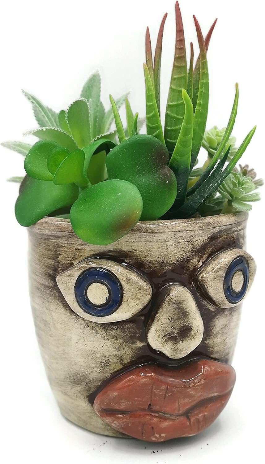 Sculptural Ceramic Planter Pot with Face, Ethnic Office Desk Accessories for Men