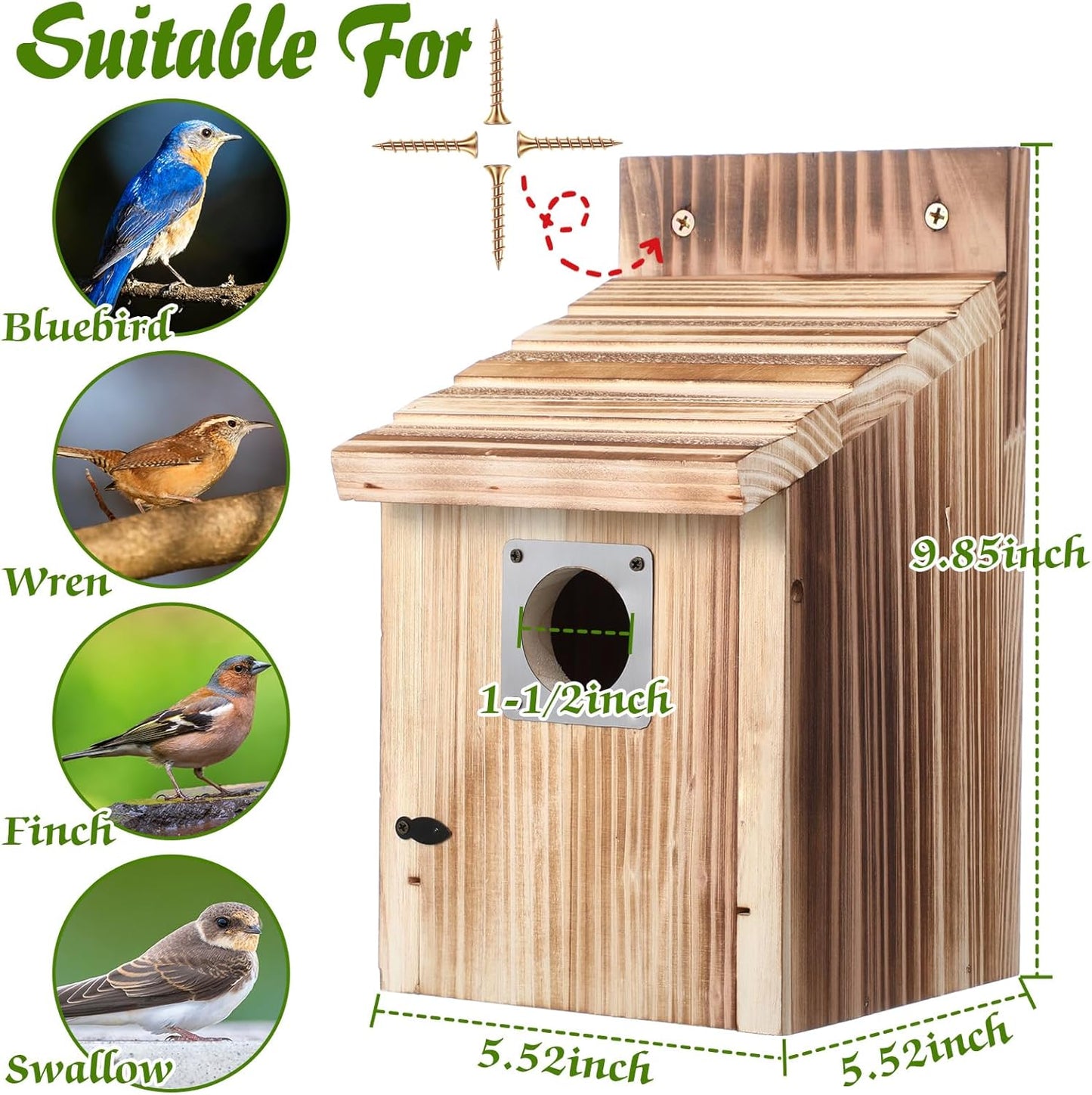 Dreyoo 2 Pack Cedar Bluebird Box Houses for Outside, 1-1/2” Entrance Hole Wooden Bird Houses with Metal Predator Guard, Secure Latch, Fledgling Grooves, Air Vents for Bluebird Wren Swallow Finch