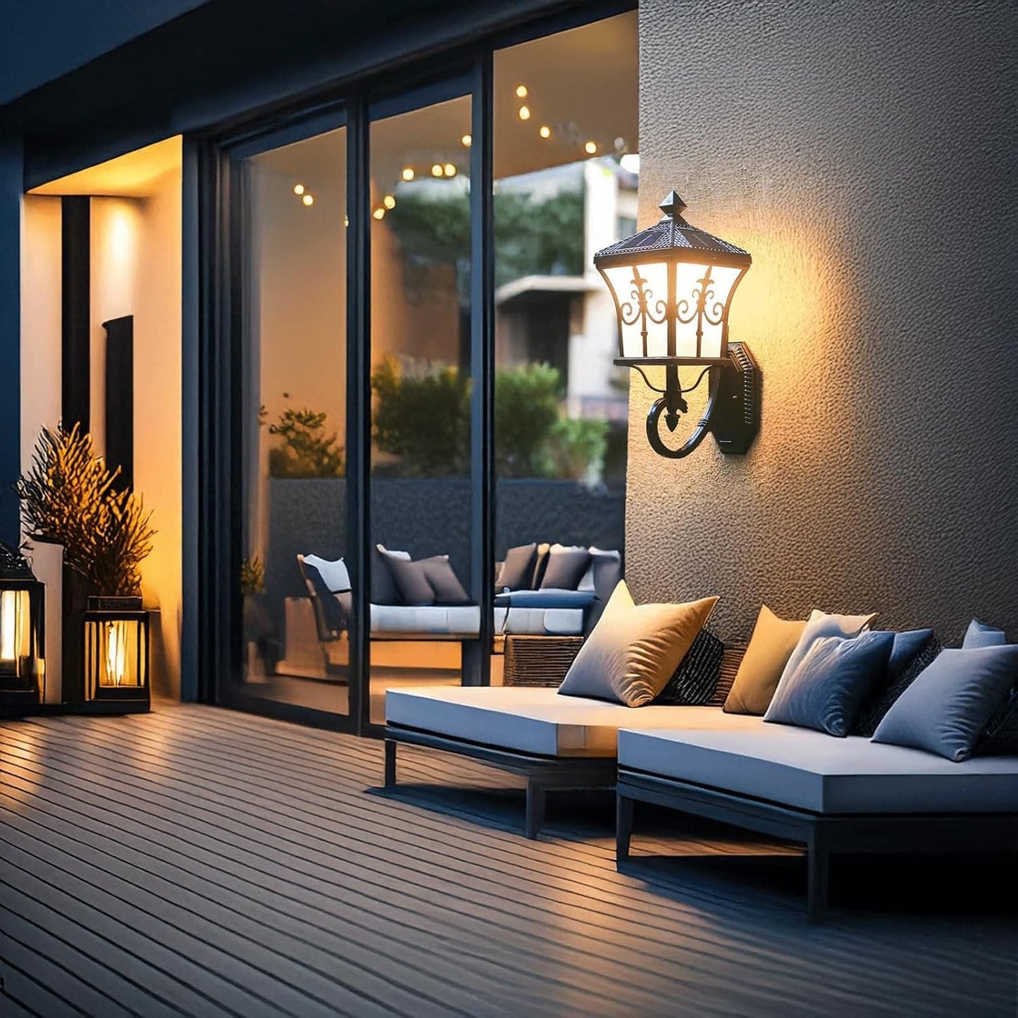 Solar Outdoor Wall Lantern, Black Die-cast Aluminum Exterior Wall Sconce Lamp with Acrylic Shade and Vintage Scrolls, LED/E27 Dual Sources for Garden, Porch, Patio, Villa, Yard, Pathways