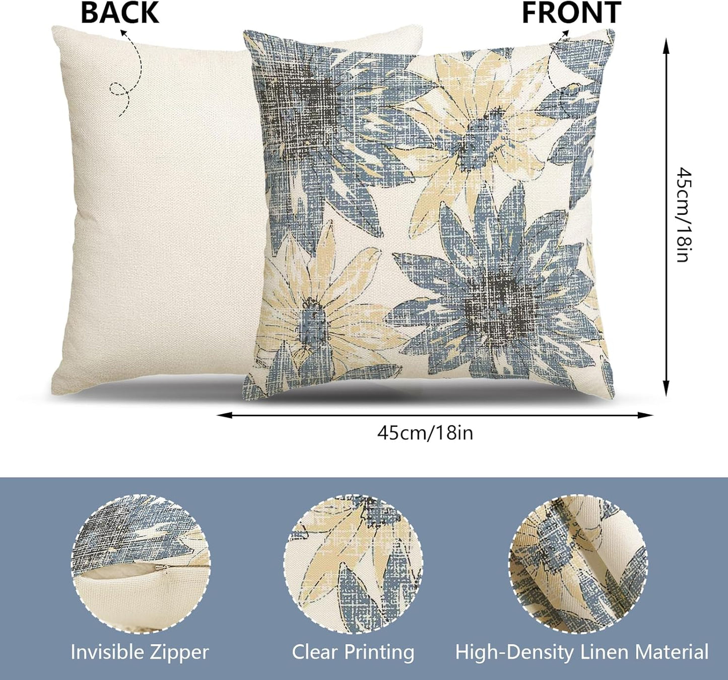 MEHOFOND Blue Floral Pillow Covers 18x18 Inch Set of 4 Boho Leaf Throw Pillow Covers Modern Abstract Art Plant Outdoor Decor Farmhouse Pillowcase Cushion Case for Sofa Couch
