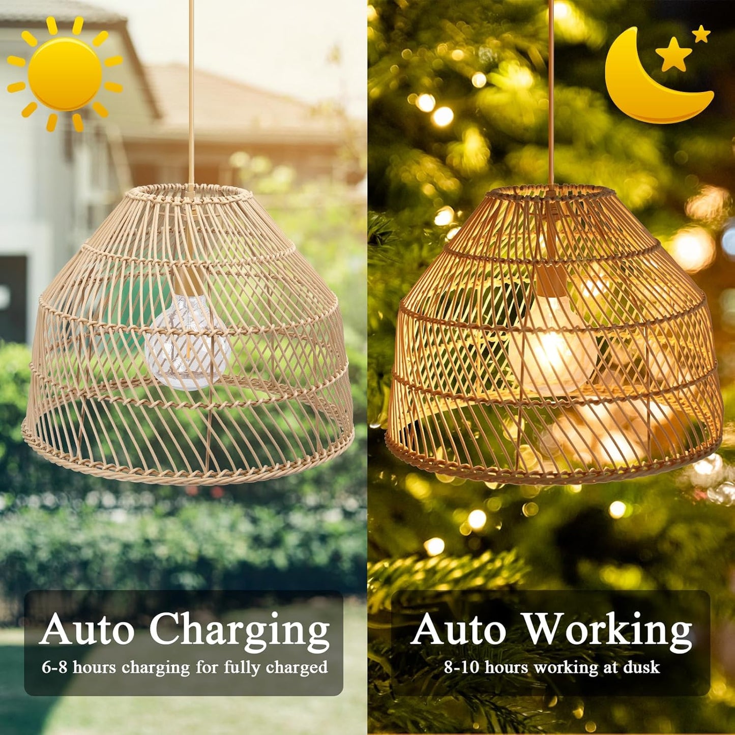 Outdoor Chandelier Solar Pendant Lights, 14.6" Outdoor Pendant Lights Rattan Solar Hanging Lights with Remote 4 Modes Lighting Waterproof Lighted for Garden Porch Patio Kitchen