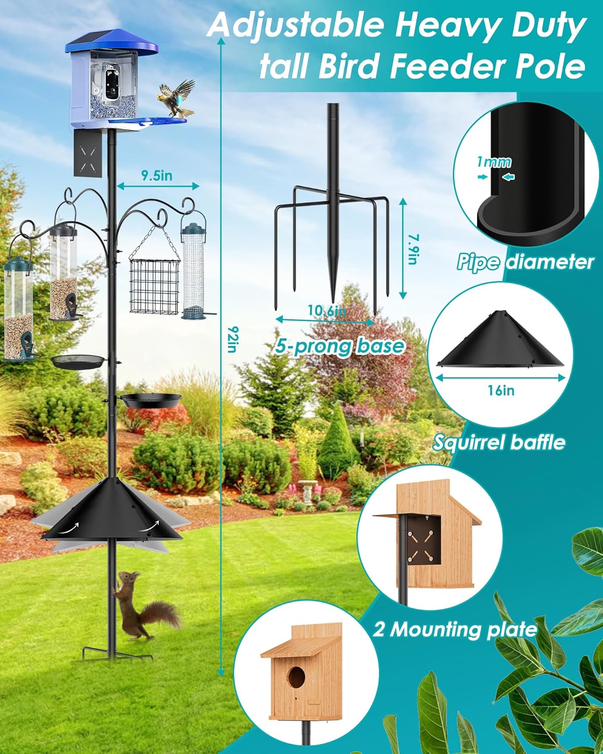 Bird Feeder Pole Squirrel Proof, 92 Inch Heavy Duty Bird Feeder Pole f