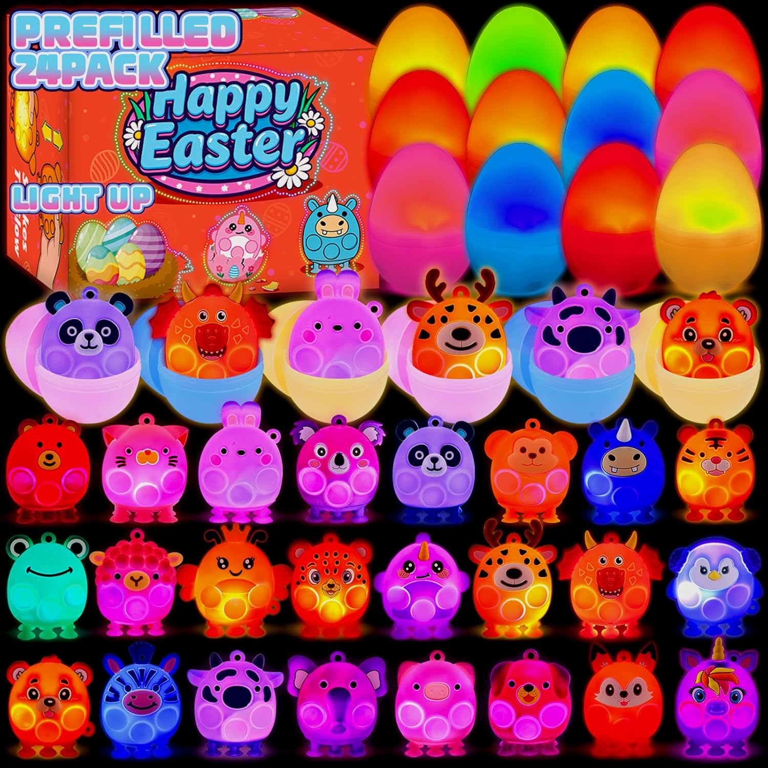 Prefilled Easter Eggs with Light Up 3D Animal Pop Toys, 24 Pack Easter