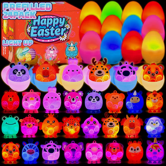 Prefilled Easter Eggs with Light Up 3D Animal Pop Toys, 24 Pack Easter