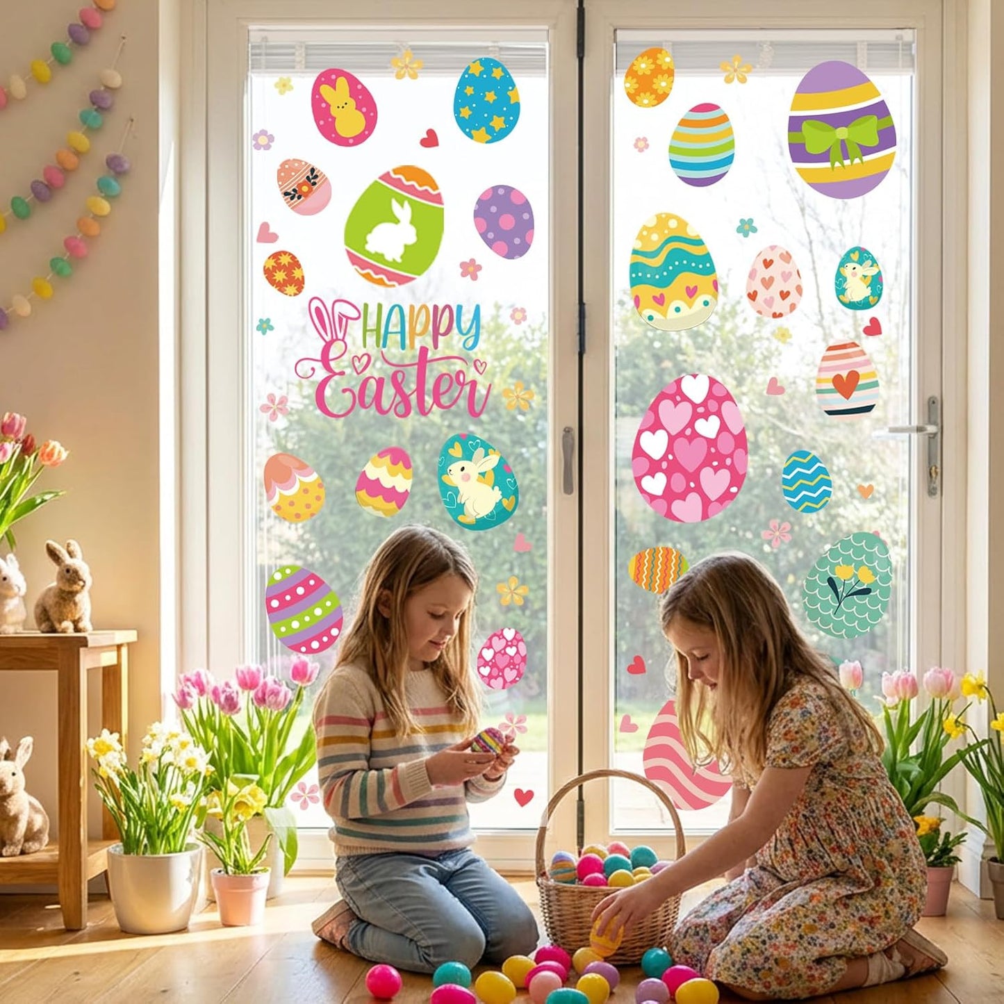 9 Sheets Easter Window Clings Decorations, Happy Easter Eggs Window Stickers for Home, Office, School, Bunny Rabbit Spring Decals Decor for Glass Doors