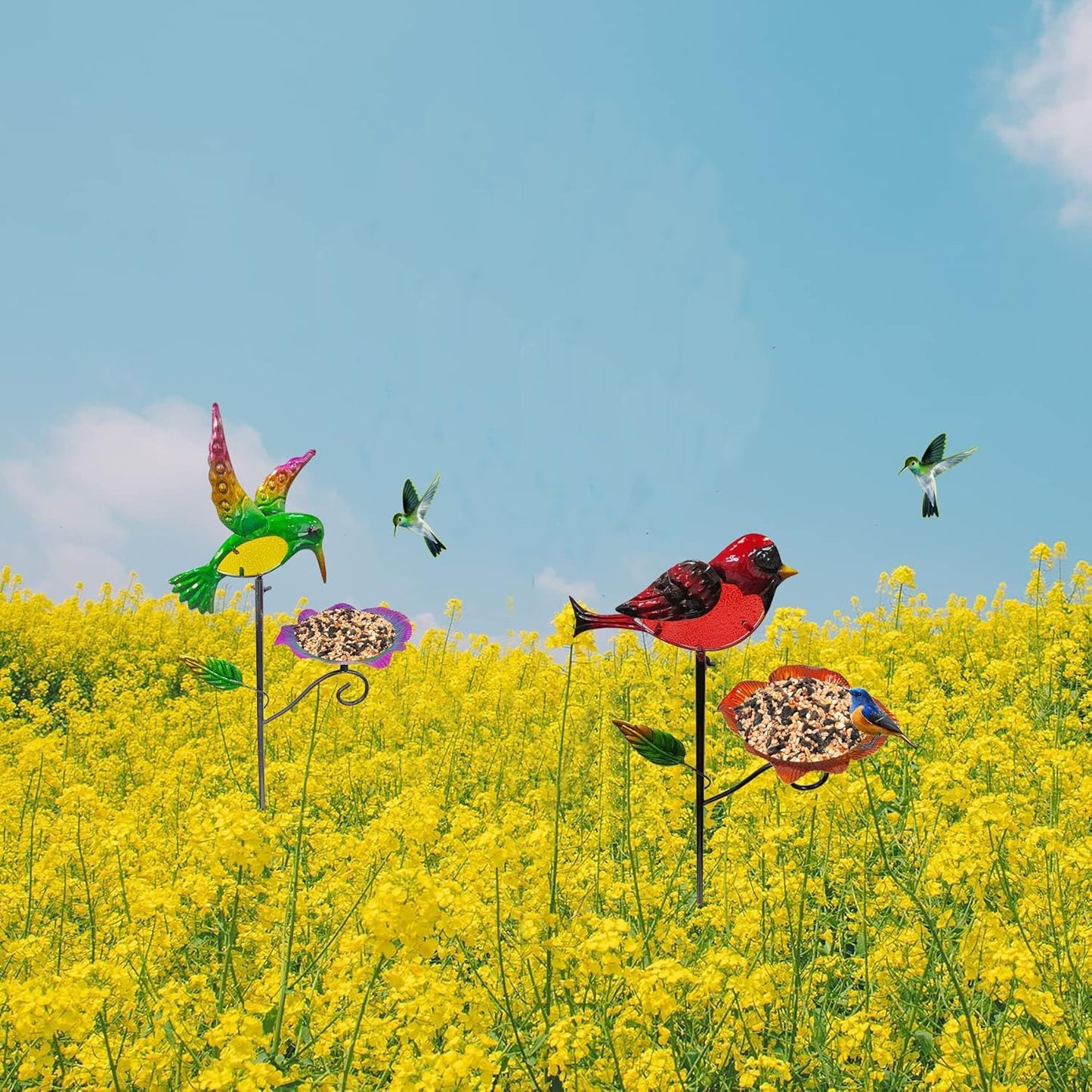 Outdoor Metal Bird Feeding Stake, Hummingbird Bath And Bird Feeding Platform for Garden Yard Backyard Decoration, Featuring a Bright Colorful Tray to Attract Wild Birds (Hummingbird feeder stake)