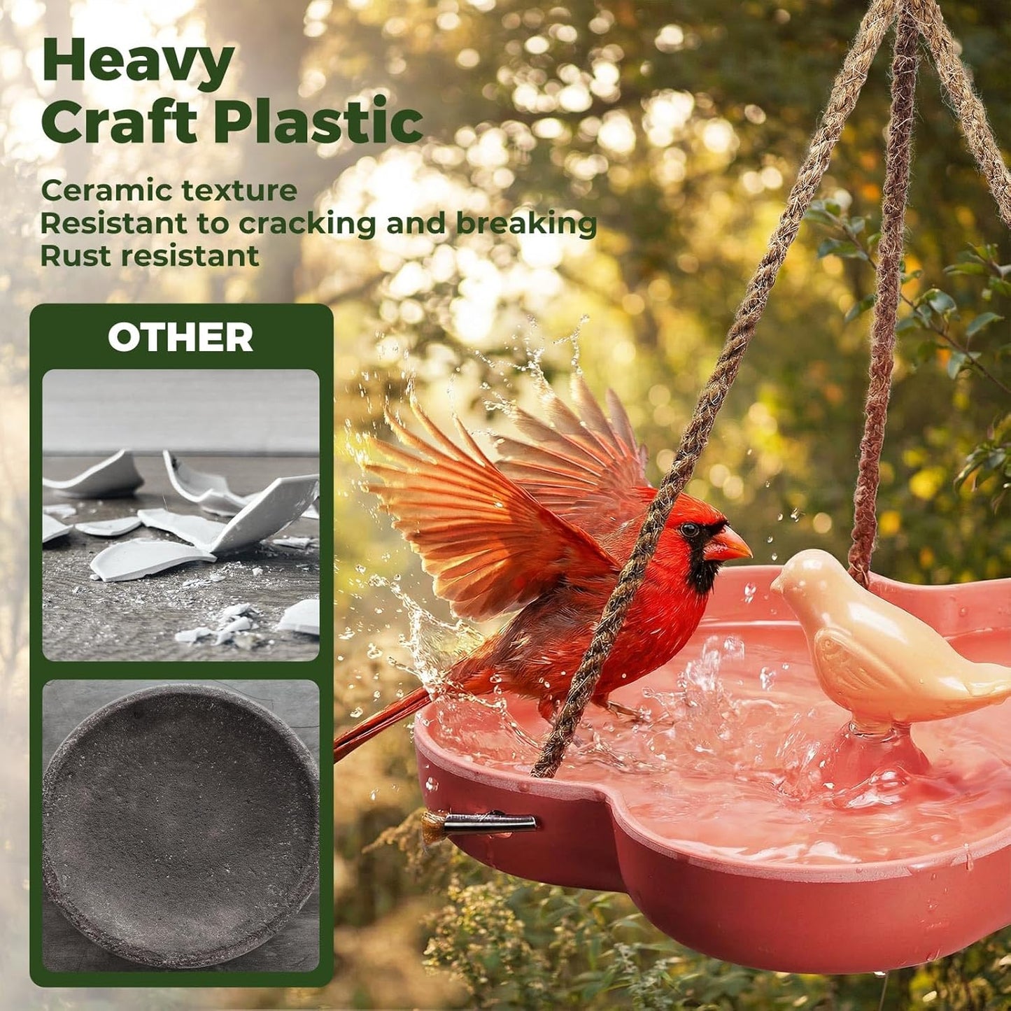 Kingsyard Hanging Bird Feeder and Bath for Outside, 9" Vintage Imitation Ceramic Platform Bird Feeder Tray for Outdoors, Heavy Water Bowl Birdbaths for Garden Patio Decoration Gifts, Orange