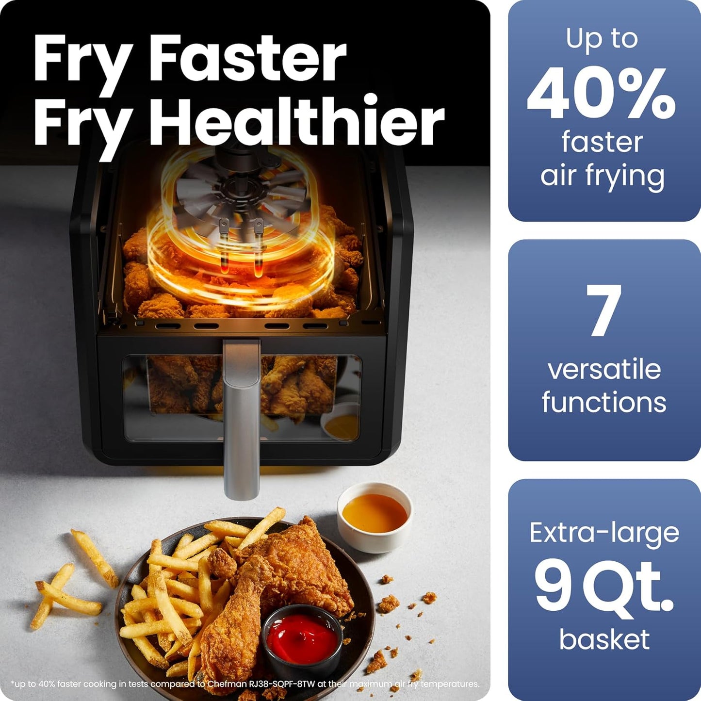 Chefman 에어 프라이어 9쿼트 | TurboFry 7-in-1 고출력 232.2°C(450°F) 요리, 선명하고 균일한 결과를 위한 요리 | 볼 수 있는 창이 있는 XL 바스켓 | 에어 프라이, 베이킹, 구이, 재가열, 탈수, 해동, 보온 유지