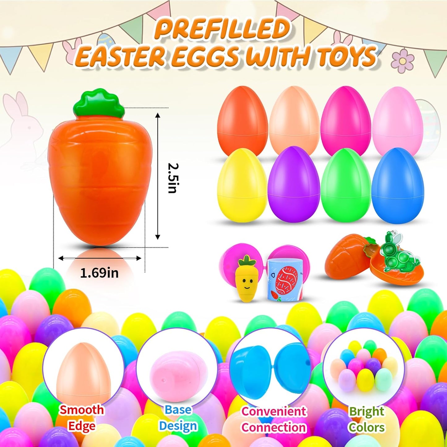 72 Pack Prefilled Easter Eggs with Toys Inside, Plastic Eggs Fillers Basket Stuffers with Surprise Carrot Eggs Hunt Games Party Favors Save Time Gifts