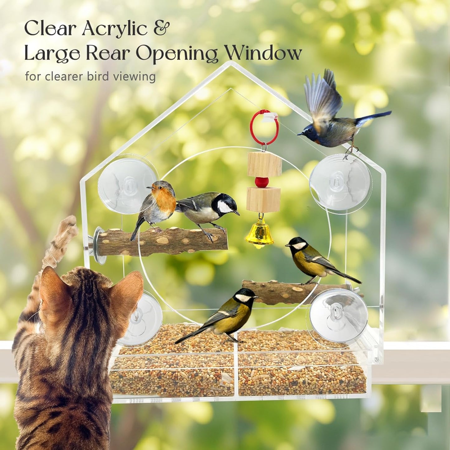 SNAIL GARDEN 9" Large Window Bird Feeder with 1pcs Nibbling Wood Strings,2pcs Pepperwood Standing Stakes,4PCS Suction Cups,Acrylic Bird Feeder on Window with Removable Seed Tray(9×8.6×3.9in)