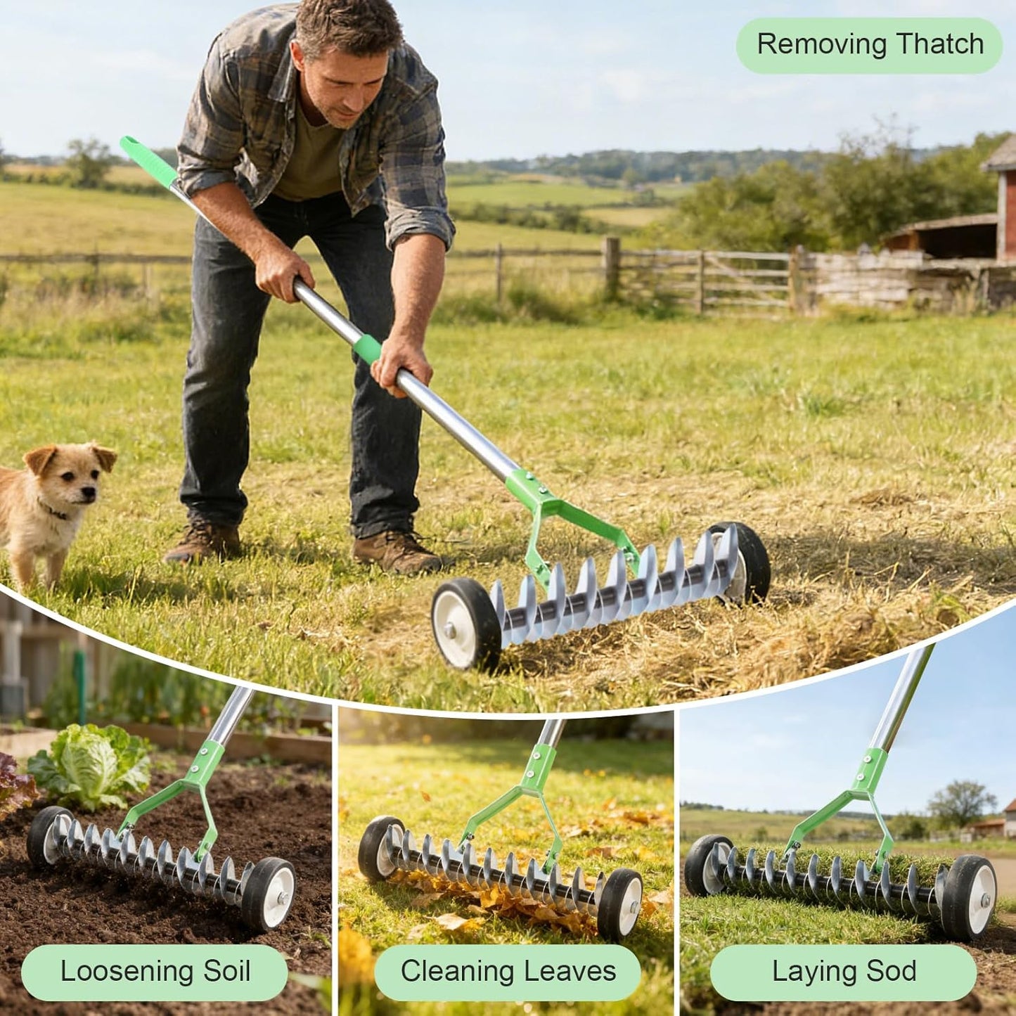 Adjustable Lawn Thatch Rake with Wheels - Comes with Protective Garden