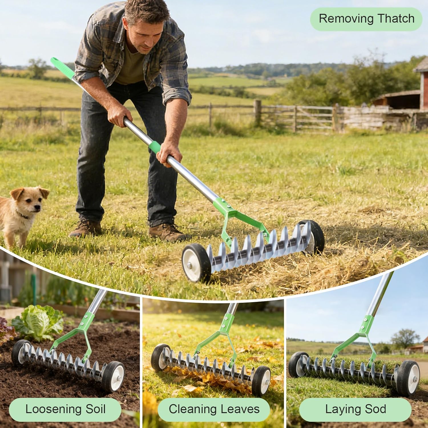 Adjustable Lawn Thatch Rake with Wheels - Comes with Protective Garden