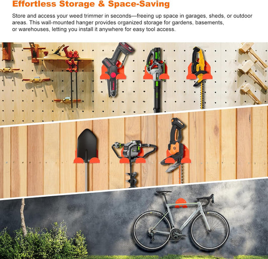 Weedeater Hanger 2 Pack, Garage Organizer Trimmer Rack, Heavy Duty Weed Wacker Hooks for Grass Trimmer, Hedge Trimmer Garden & Garage Tools– Weed Whackers Holder Wall Mount Storage Tool, Space-Saving
