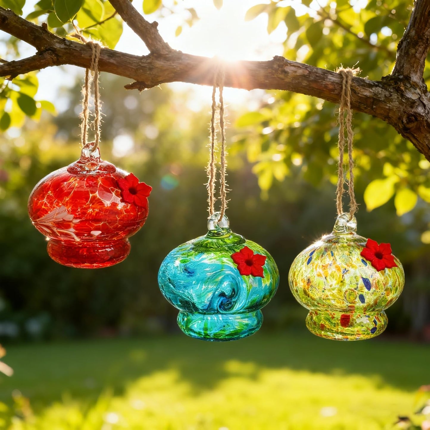 Glass Hummingbird Feeder with Flower Feeding Ports 3in Blown Glass Hum