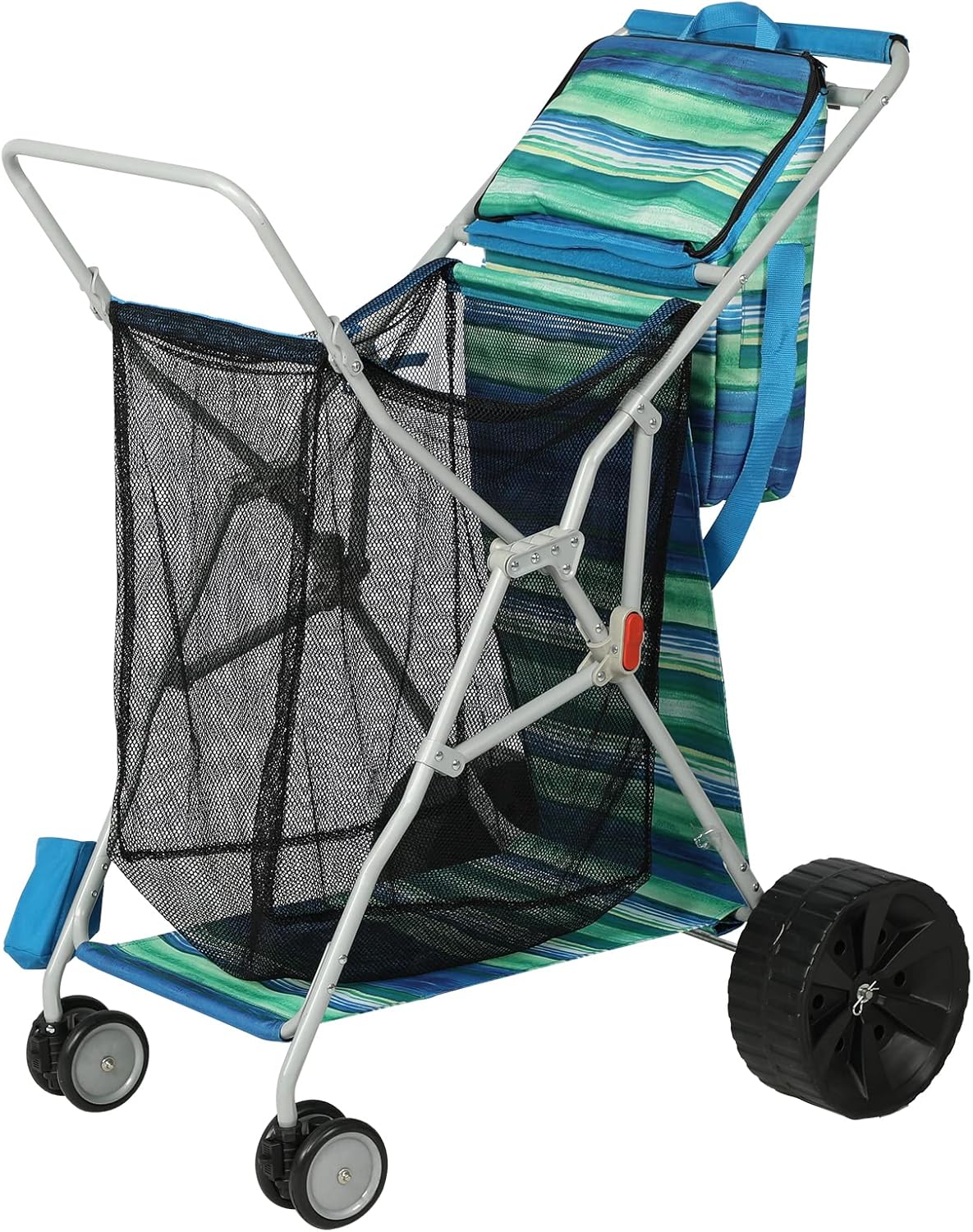 Beach Cart with Big Wheels for Sand, Collapsible All-Terrain Beach Wagon with Cooler Bag & Umbrella Holder, Large Mesh Storage, Supports 100lbs for Camping, Outdoor, Shopping, Dark Blue Stripes