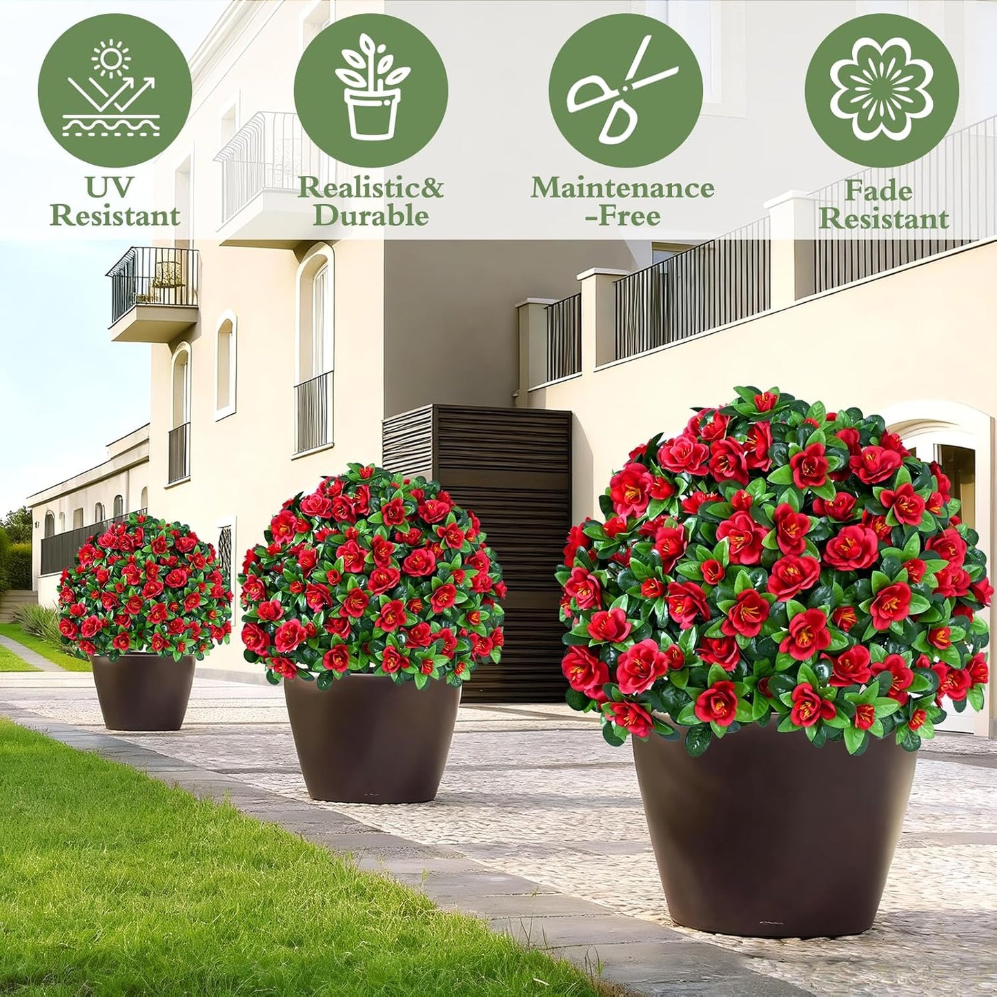 Waipfaru 2 Pack Artificial Flowers Topiary Ball Trees for Outdoors, 24" Fake Bushes Plants, UV Resistant Faux Shrubs with Ground Spike for Front Porch Planters Patio Garden Yard Decor(Red)