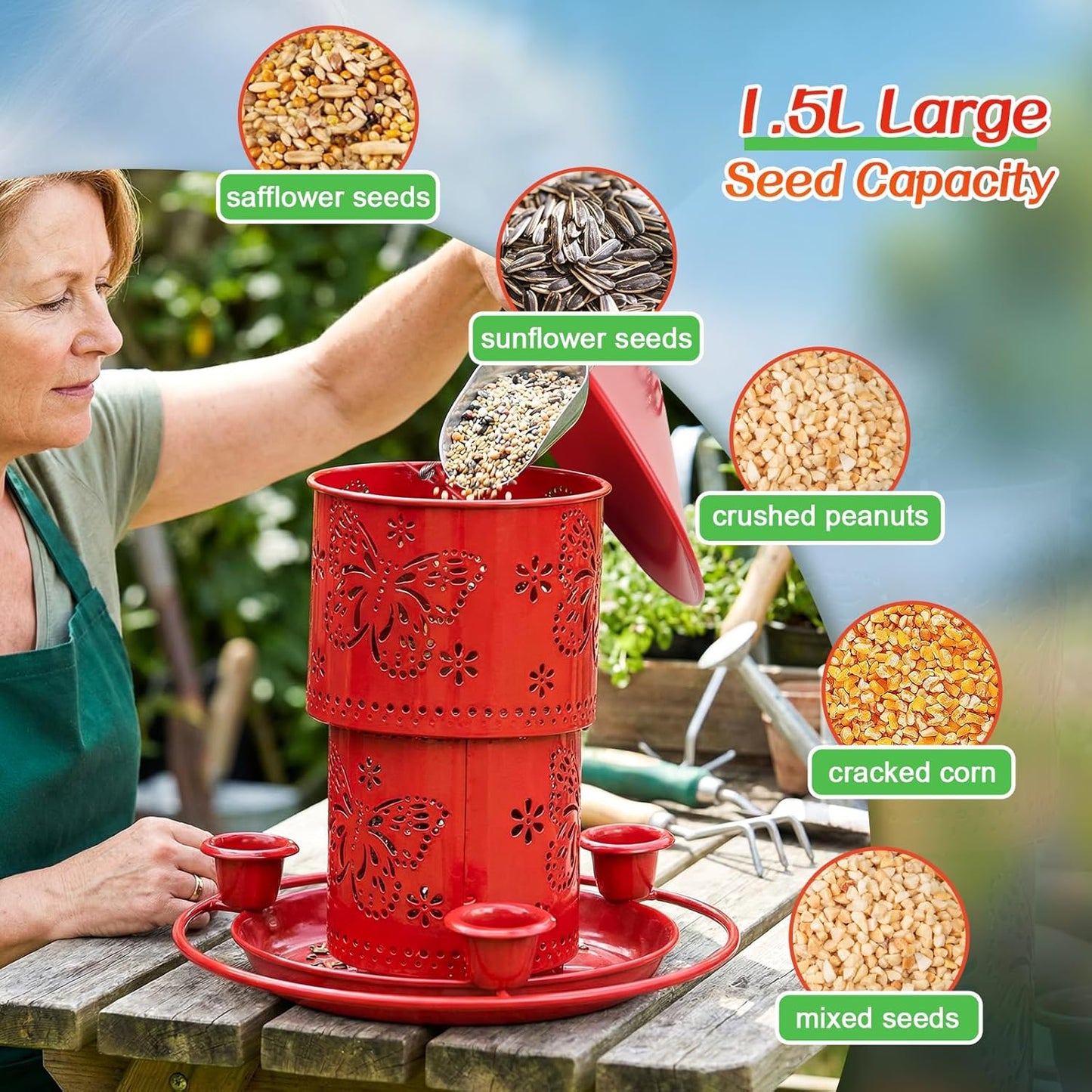 MIGHTYDUTY Wild Bird Feeders Hanging Squirrel Proof Bird Feeder 50 Ounces Large Capacity Foldable Metal Bird Seed Feeders with 3 Water Cups for Small Birds for Outdoors Garden Backyard (Red)