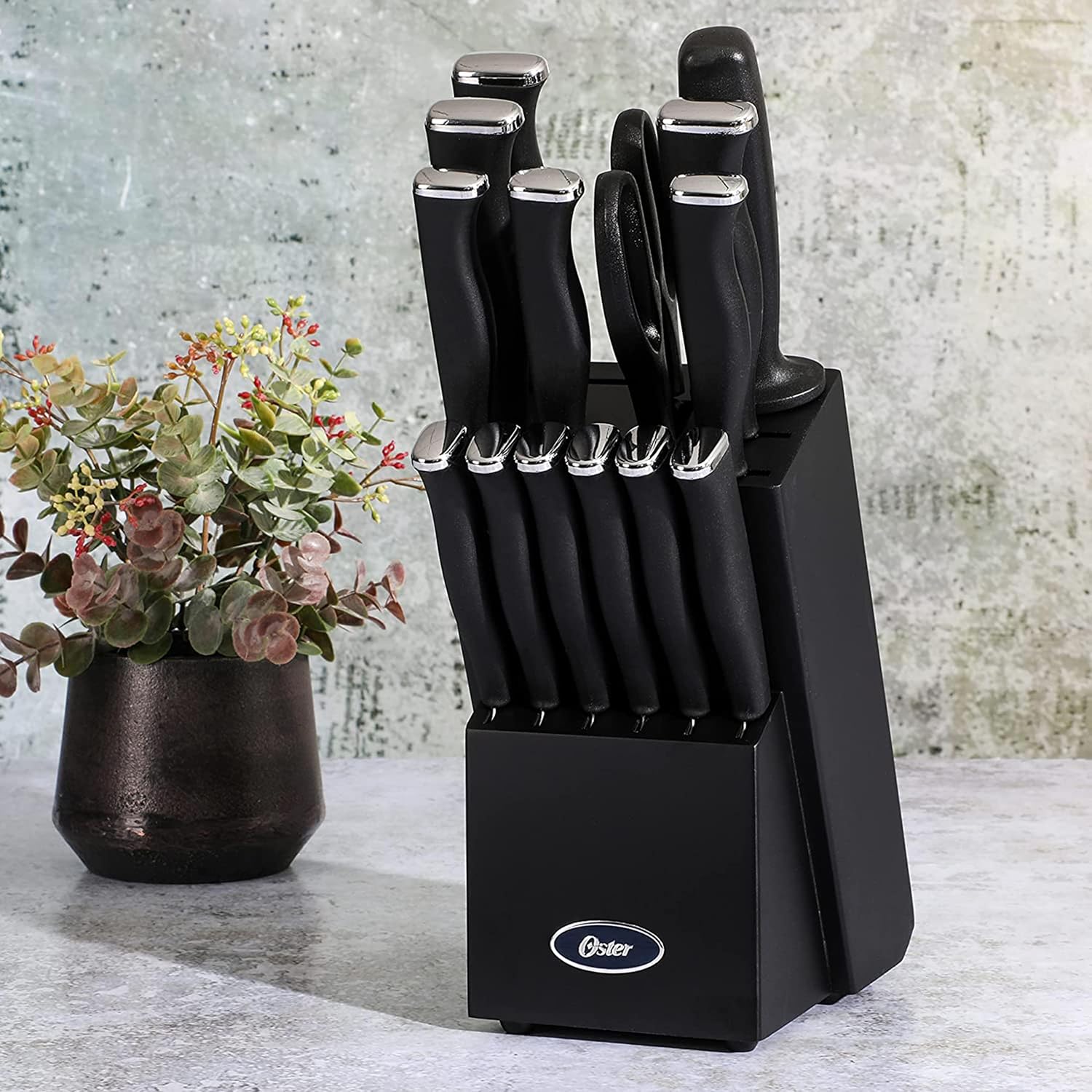 Oster Langmore 15-Piece Stainless Steel Knife Block Set with Black Han