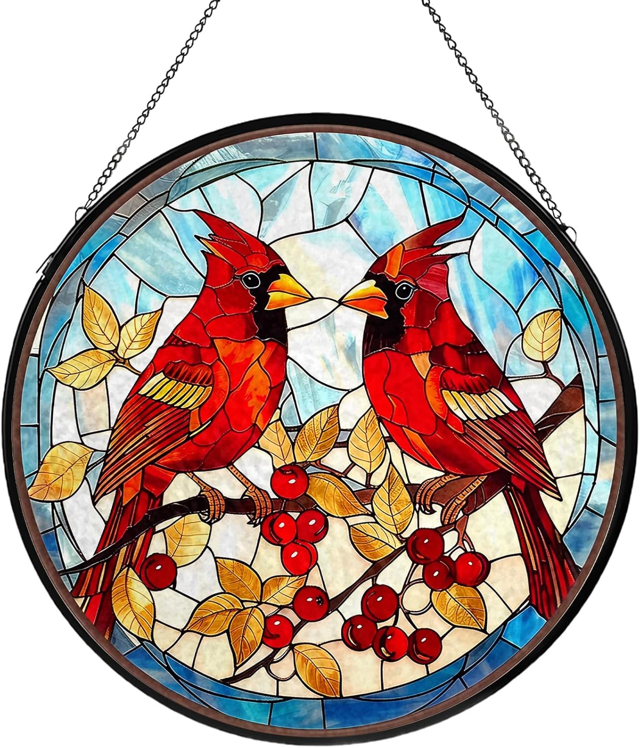 Red Cardinal Stained Glass Window Hanging, Hummingbird Suncatcher Diam