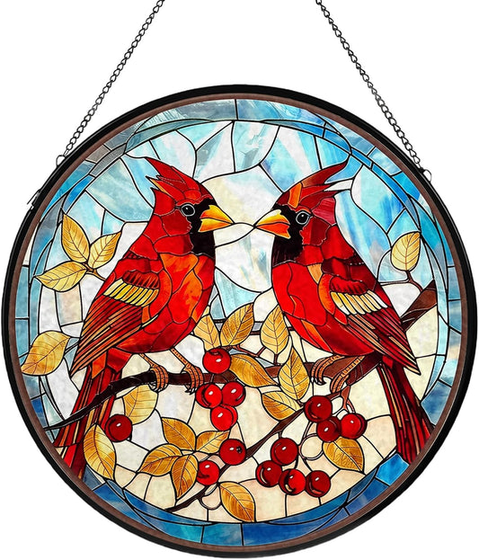 Red Cardinal Stained Glass Window Hanging, Hummingbird Suncatcher Diam