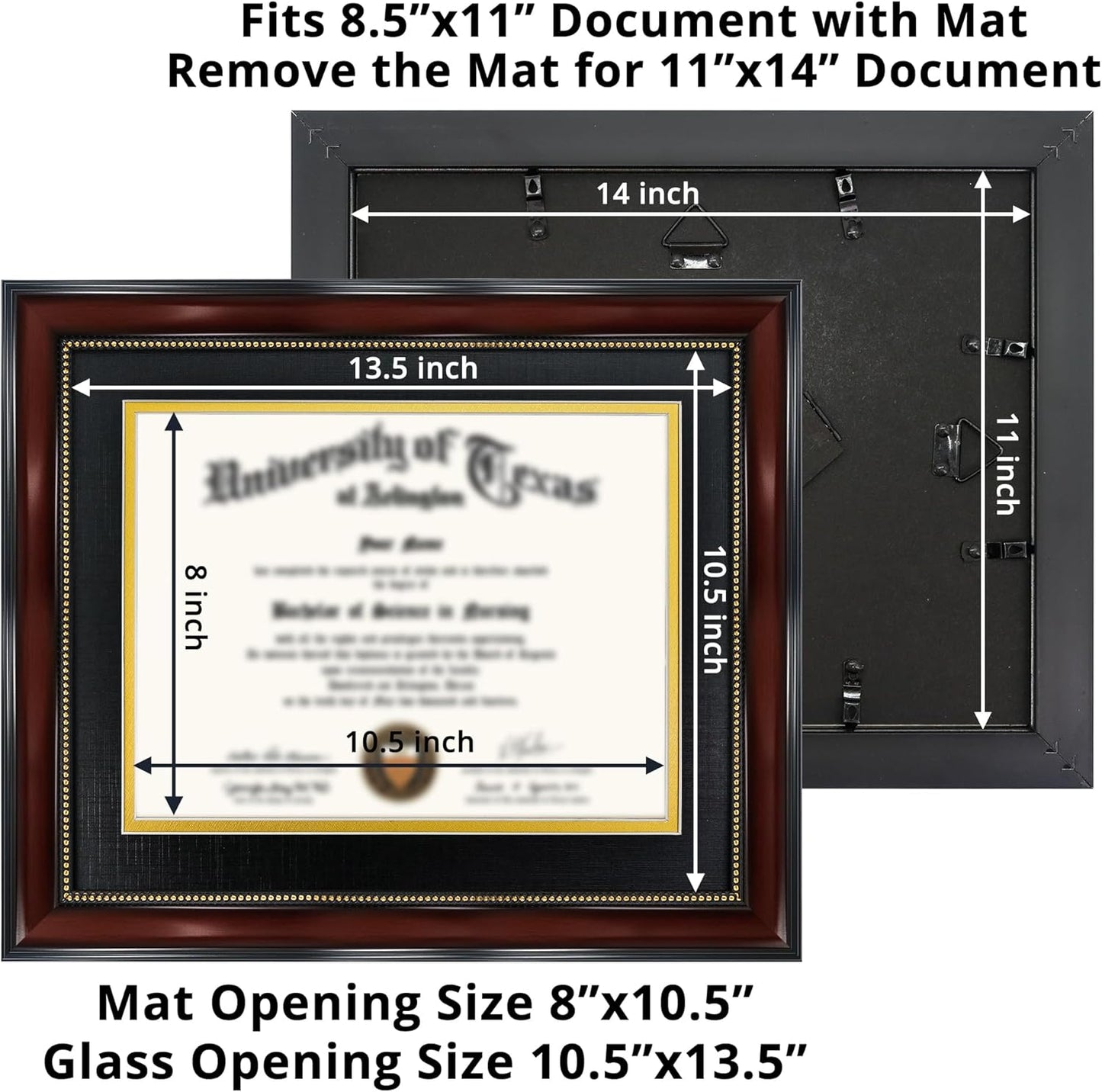 GraduationMall 8.5x11 Diploma Frame with Black over Gold Mat or Display 11x14 Document without Mat, UV Protection Acrylic, Mahogany with Gold Beads