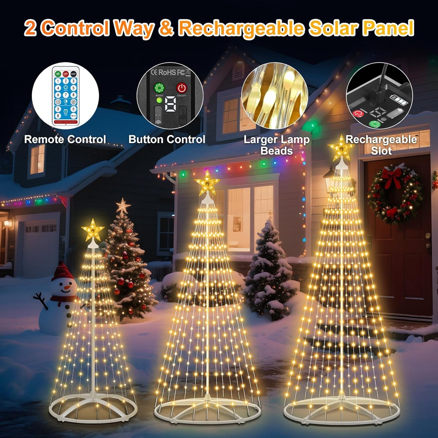 Outdoor Solar Christmas Tree, 3PCS LED Christmas Trees with Remote, 5ft/6ft/7.5ft Multi-Size Set, 8 Modes, IP65 Waterproof, USB Backup, Auto On/Off for Yard Garden Holiday Decor, Warm White
