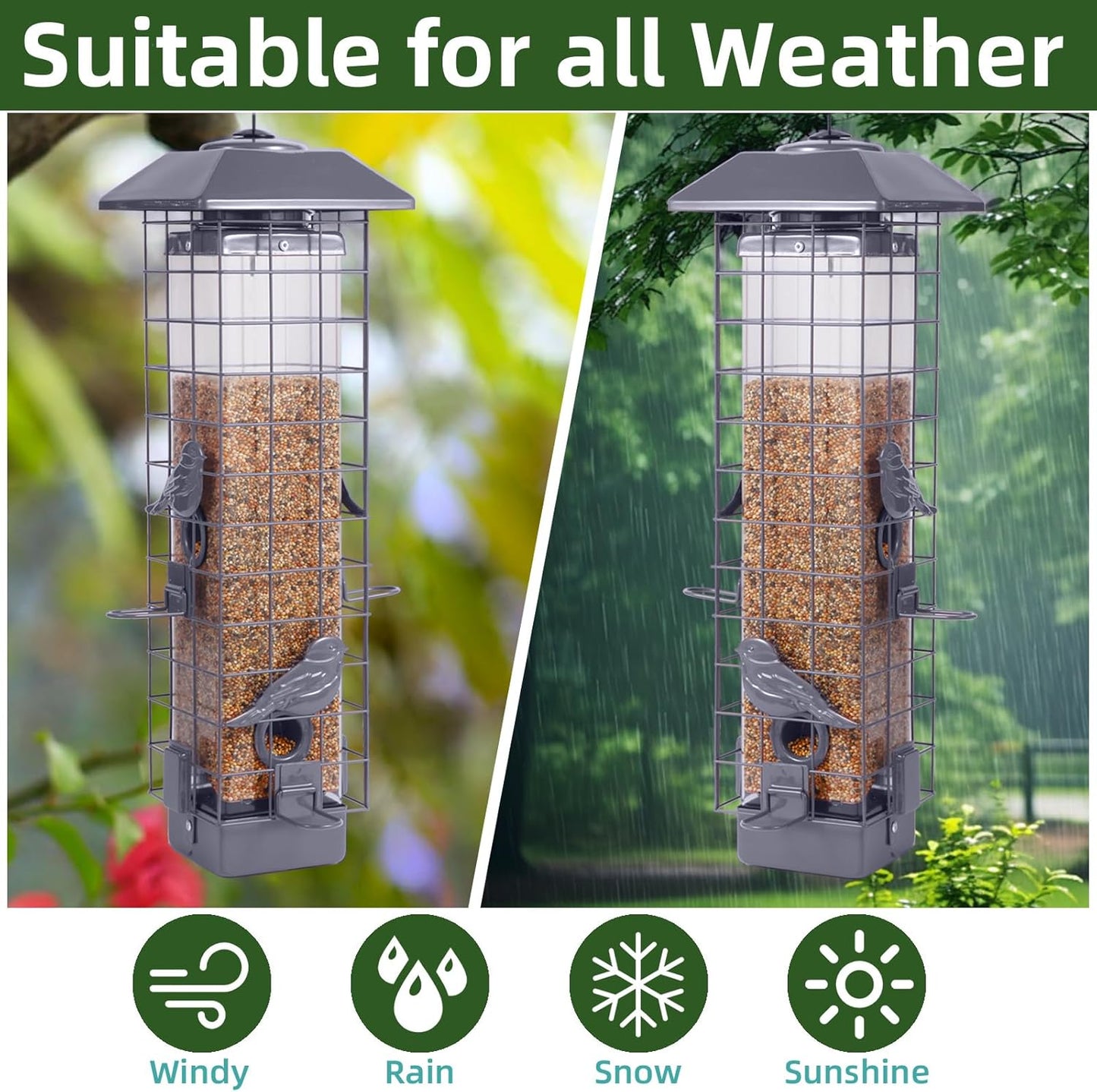 Squirrel Proof Bird Feeder, Metal Mesh Bird Feeder for Outside, Large Capacity and 4 Ports Perches (Silver Gray)