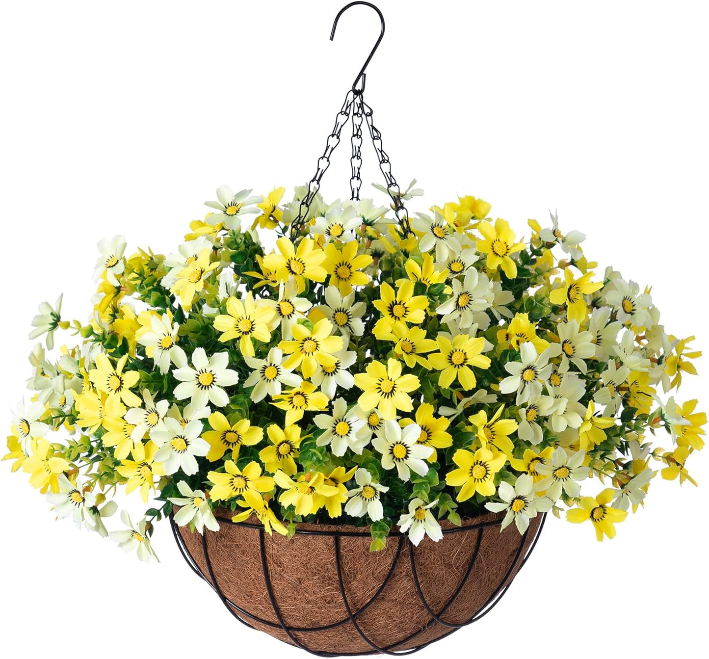 Artificial Flowers with Hanging Planter for Outdoor Decor, Faux Silk Daisy UV Resistant Plants in Basket for Indoor Porch Garden Yard Spring Summer Decor(Yellow)