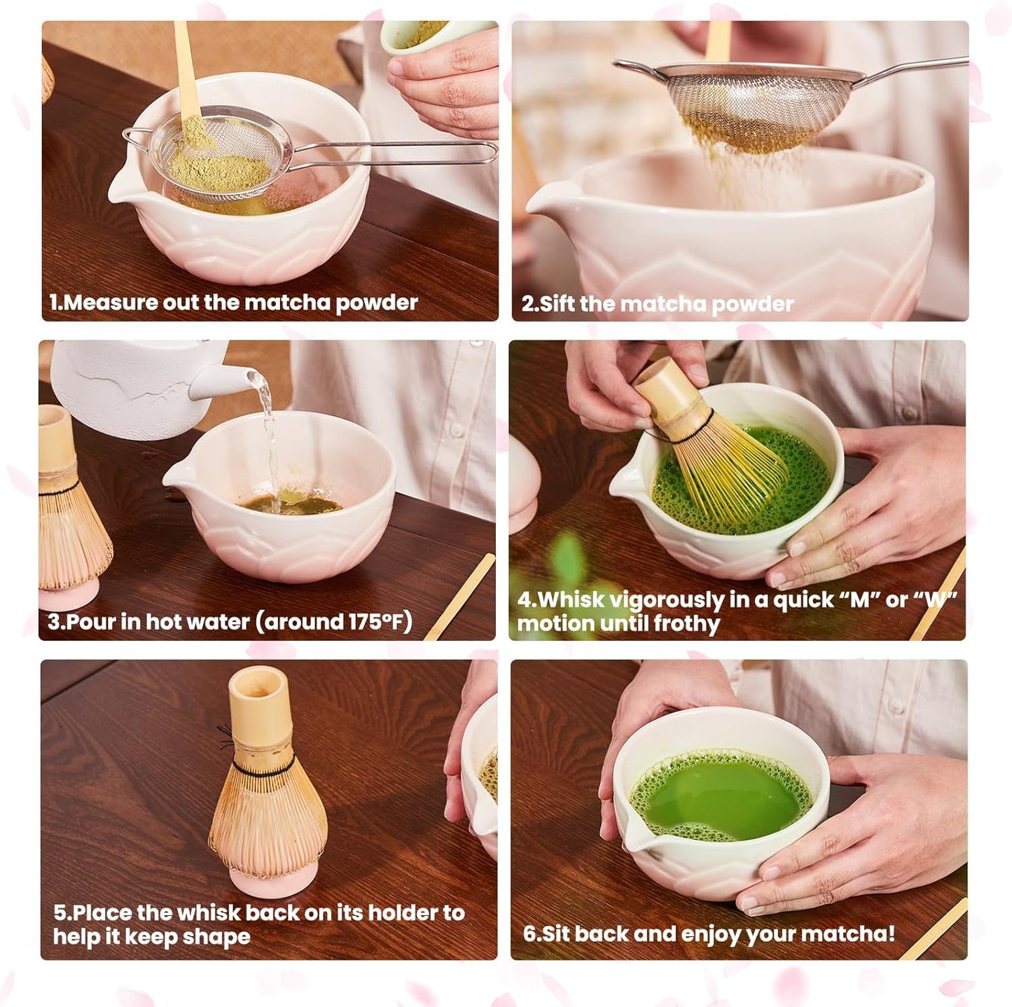 Matcha Whisk Set, Lotus Gradient Pink Ceramic Matcha Set Includes Matcha Bowl, Matcha Whisk (Chasen) and Holder, Sifter, Bamboo Scoop & Spoon - 6 Pcs Matcha Kit for Matcha Lovers