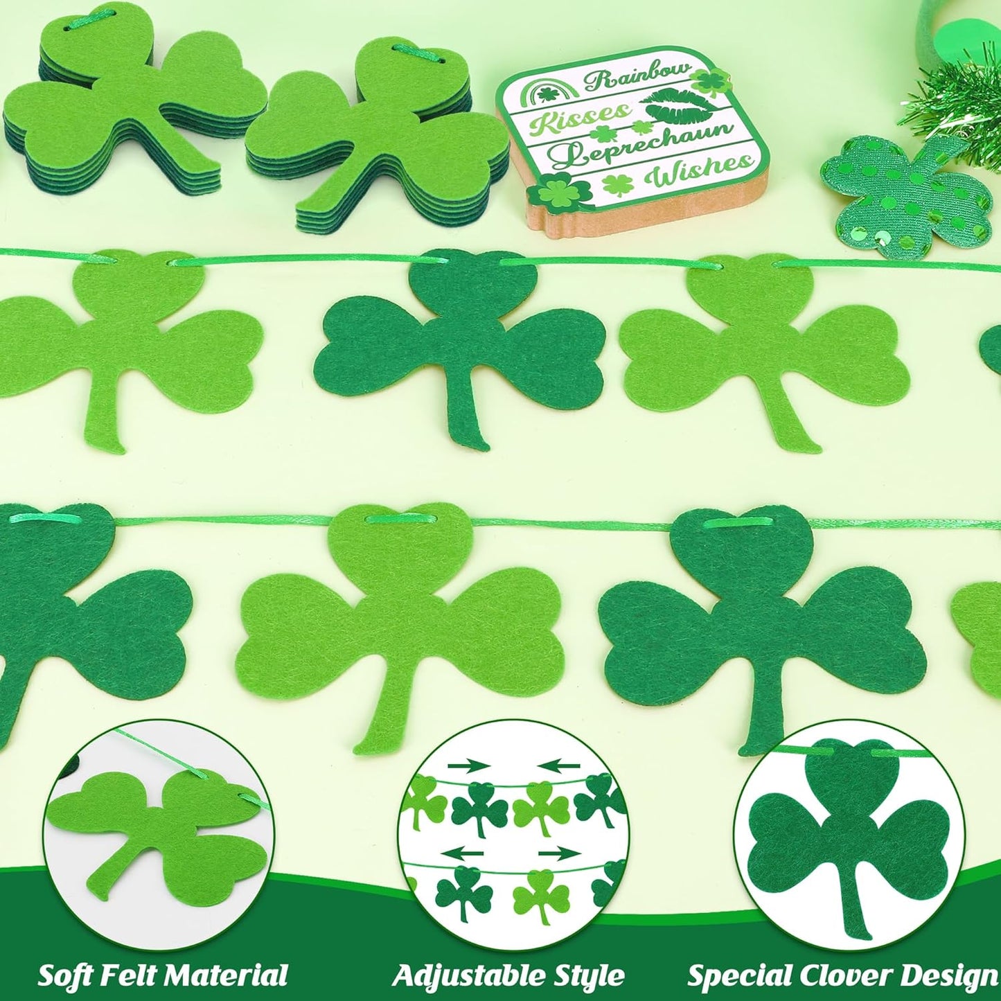 50 PCS St Patricks Day Decorations, St Patricks Day Garland NO DIY, Adjustable St Patricks Day Banner, 8.2 FT Dark Light Green Shamrock Garland Hanging Felt St Patricks Banner Irish Party Indoor