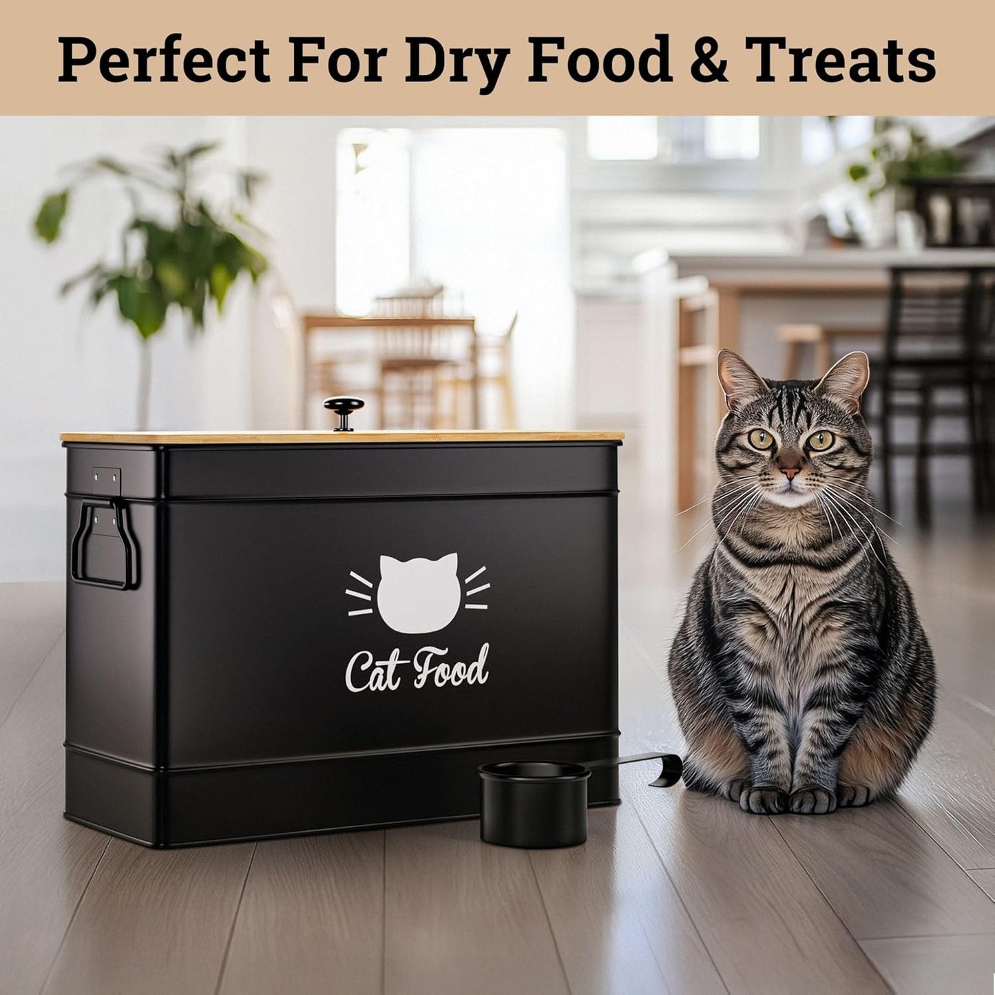 Cat Food Storage Container with Scoop - 15 lb (50 Cup) Capacity Metal 
