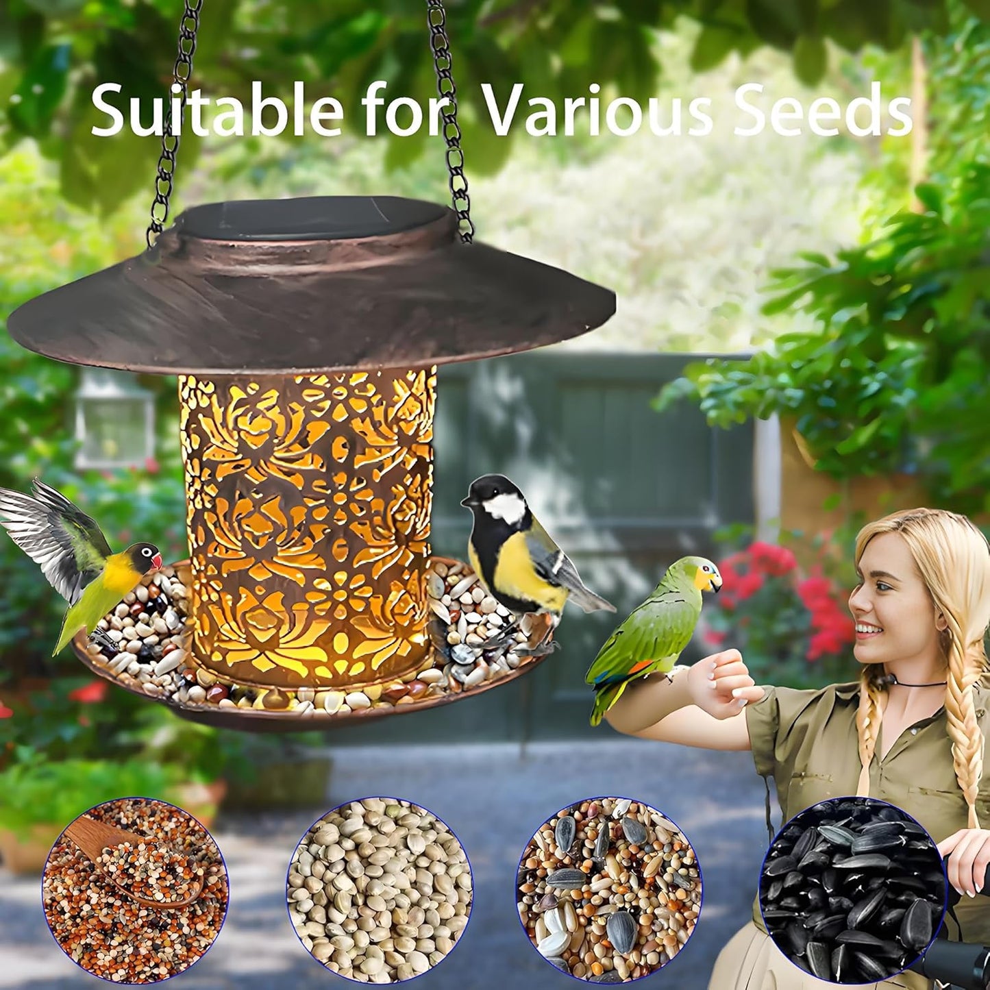 Solar Bird Feeder for Outdoors Hanging,Waterproof Metal Wild Bird Feeder for Finch,Cardinal,Blue Jay Solar Garden Lanterns with S Hook as Gift for Women Mom,Bird Lovers (Large Feeders)