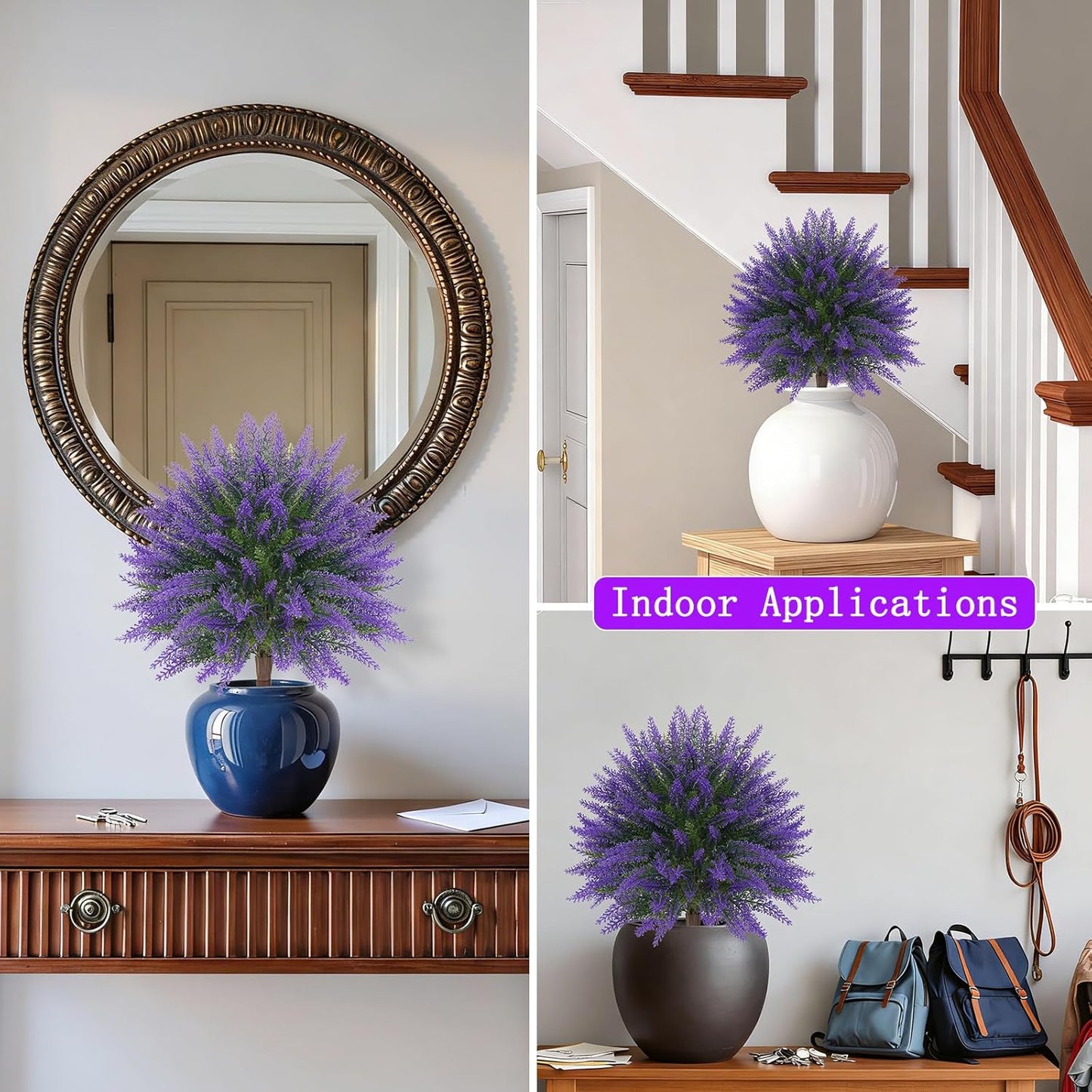 Artificial Lavender Topiary Bushes with Ground Spike, 24" Set of 2 Faux Lavender Boxwood Ball Trees UV Resistant Fake Greenery Plants for Indoor & Outdoor Spring Porch Decor