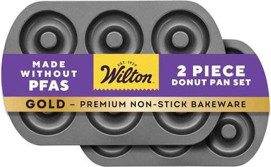 Wilton Gold Non-Stick 2 Piece Donut Pan Set, Cold-Rolled Steel Bakeware, Made without PFAS, Packaging May Vary
