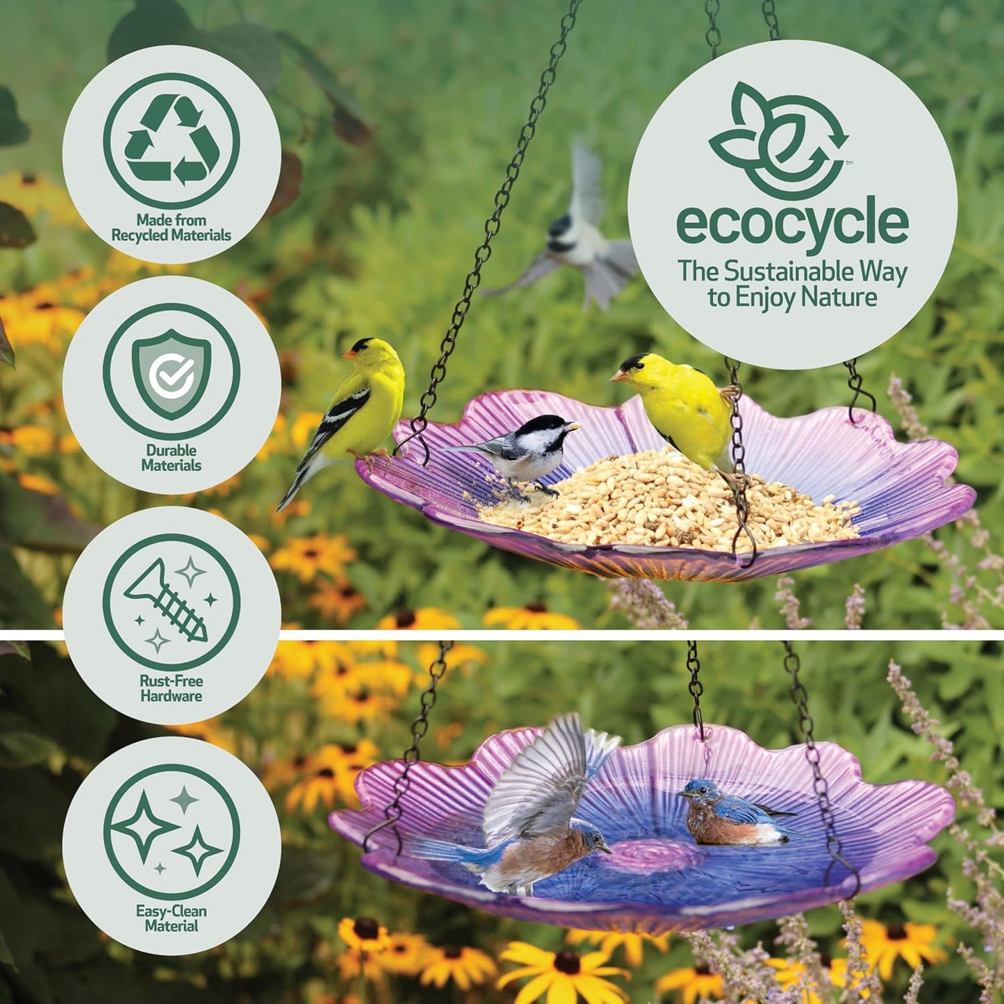 11" Recycled Glass Hanging Combination Bird Feeder and Bath for Wild Birds and Outdoor Décor, 0.625 Quart Capacity, Violet Begonia Floral Design, Hanging Chains Included