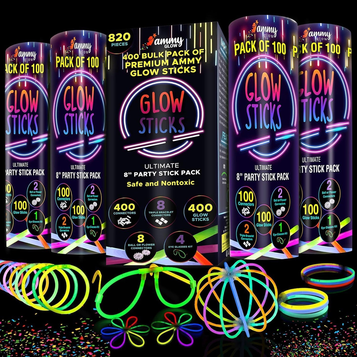Ammy Glow-205 Pcs Glow Sticks-100 Pack Bulk Party favors for Kids-Neon Glow in The Dark Party Supplies - Eye Glasses, Glow Bracelets & Necklaces -Party Lights For Birthdays & Weddings
