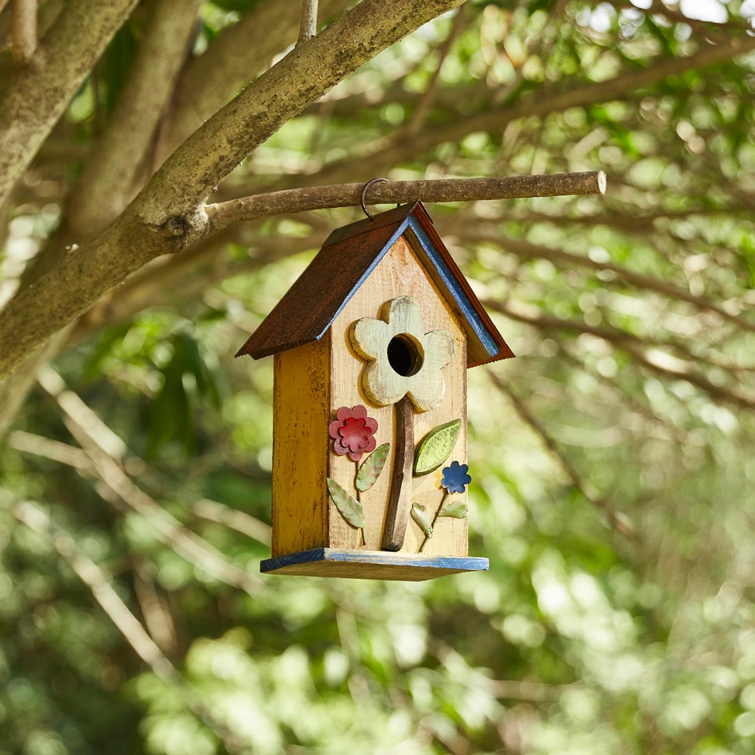 10.25''H Hanging Birdhouse Washed Yellow Distressed Solid Wood Cottage