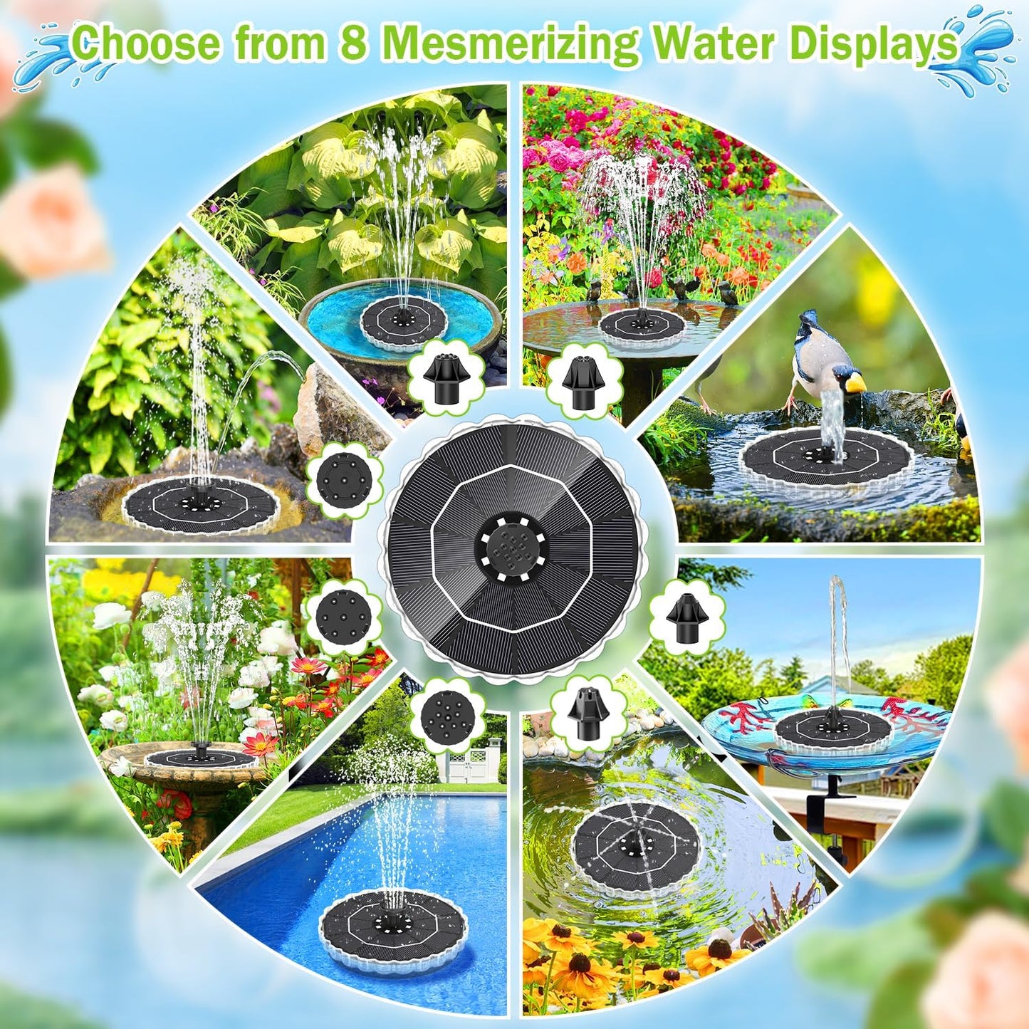 Solar Fountain, 2026 Upgrade 3.5W Solar Bird Bath Fountains with Colorful Ring LED Lights, 2000mAh Battery, 7 Nozzles and 4 Fixers, Solar Water Fountain Pump for Pond, Pool, Patio and Garden